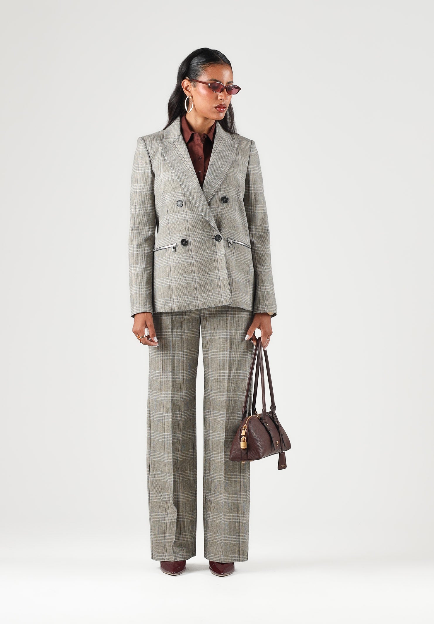 PATRIZIA PEPE Pantaloni eleganti  brown check-marrone grigio da donna con fantasia a quadri e pinces frontali 8P0355C8003 F603 PATRIZIA PEPE 