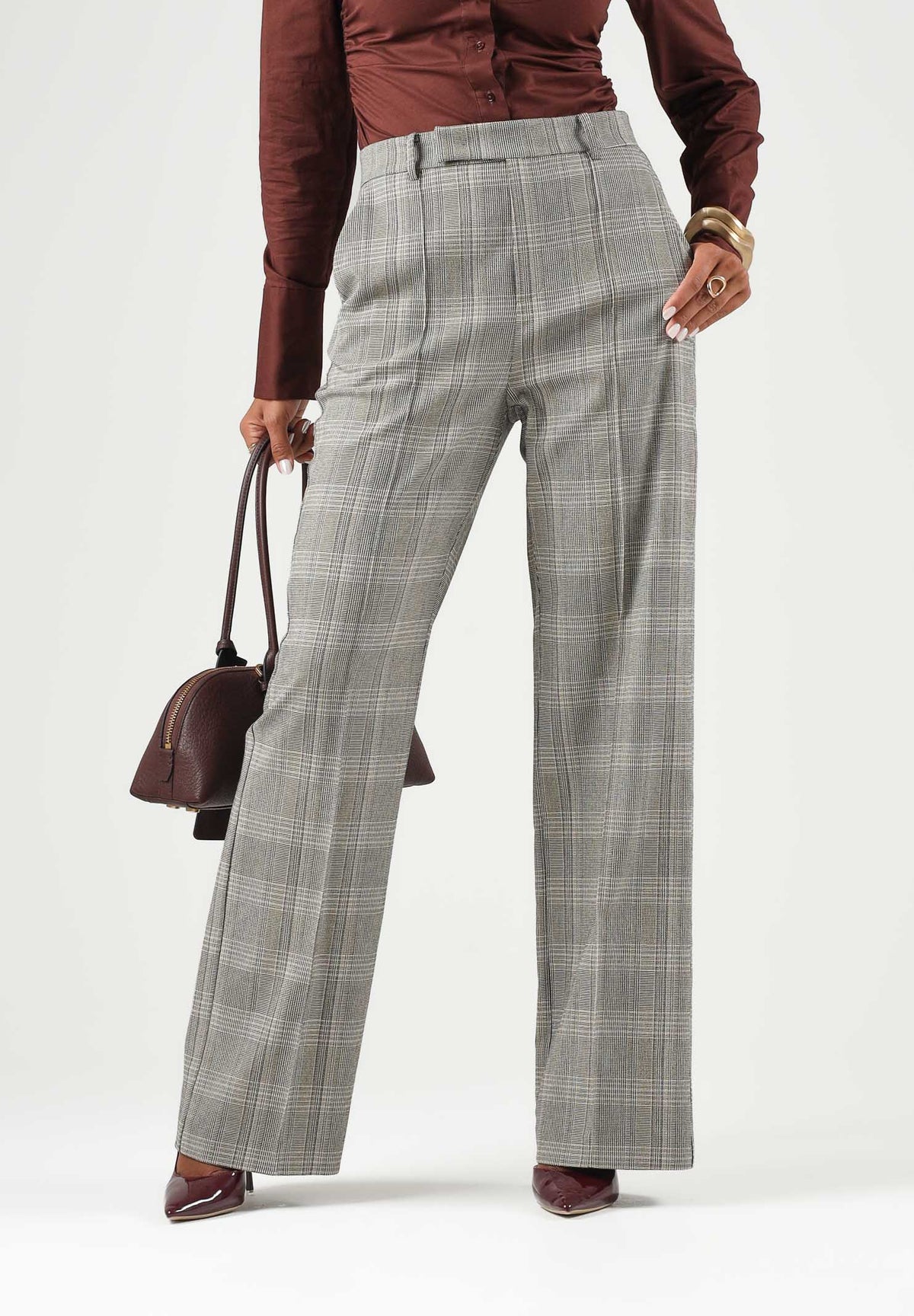 PATRIZIA PEPE Pantaloni eleganti  brown check-marrone grigio da donna con fantasia a quadri e pinces frontali 8P0355C8003 F603 PATRIZIA PEPE 