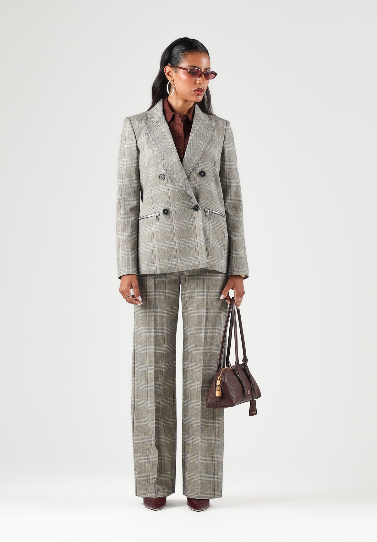PATRIZIA PEPE Giacca doppiopetto brown check marrone- grigio da donna con revers classici. 8S0089C8003 F603 PATRIZIA PEPE 