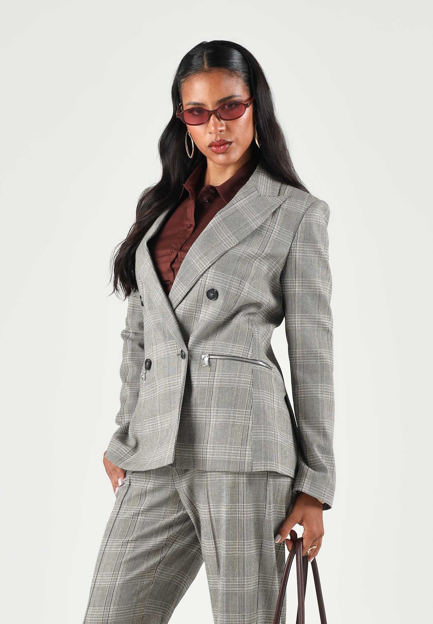 PATRIZIA PEPE Giacca doppiopetto brown check marrone- grigio da donna con revers classici. 8S0089C8003 F603 PATRIZIA PEPE 