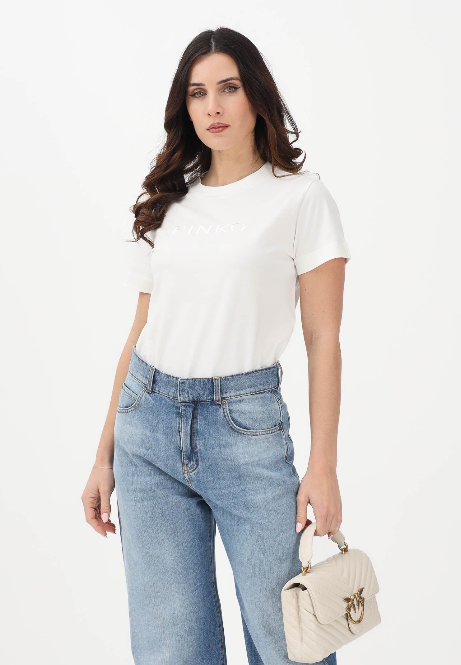 PINKO T-shirt a manica corta bianca da donna con ricamo logo 101752A339 Z05 PINKO 