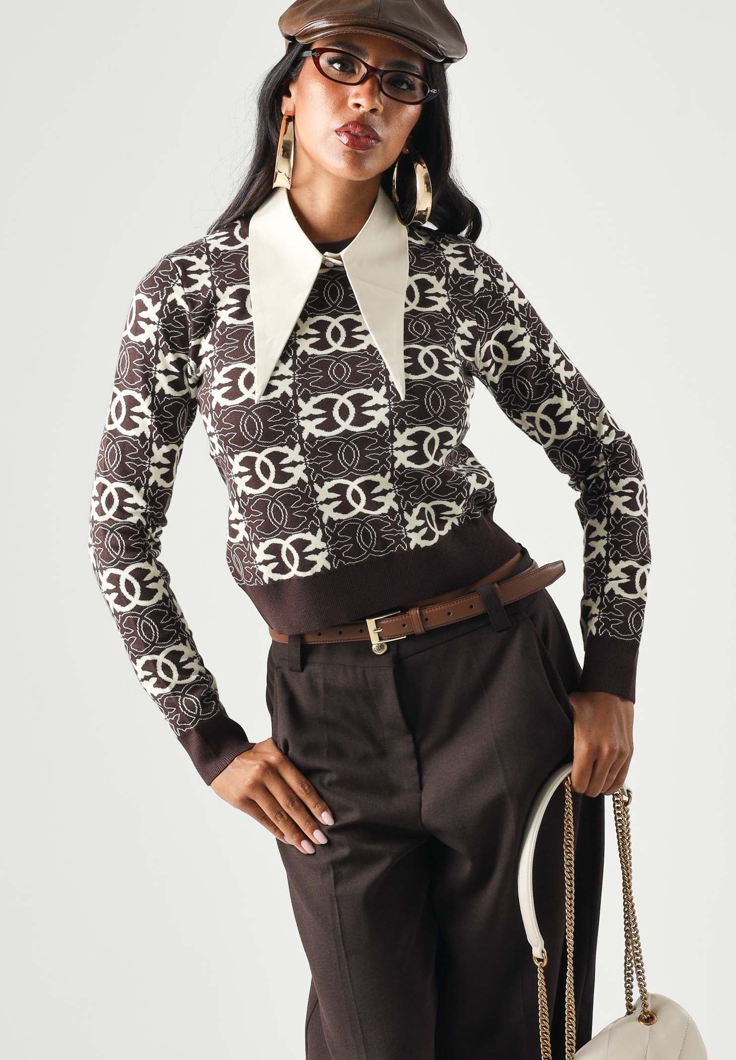 PINKO Maglia GYPSIES  cropped marrone da donna con motivo logo all over 106041A2YD LC2 PINKO 