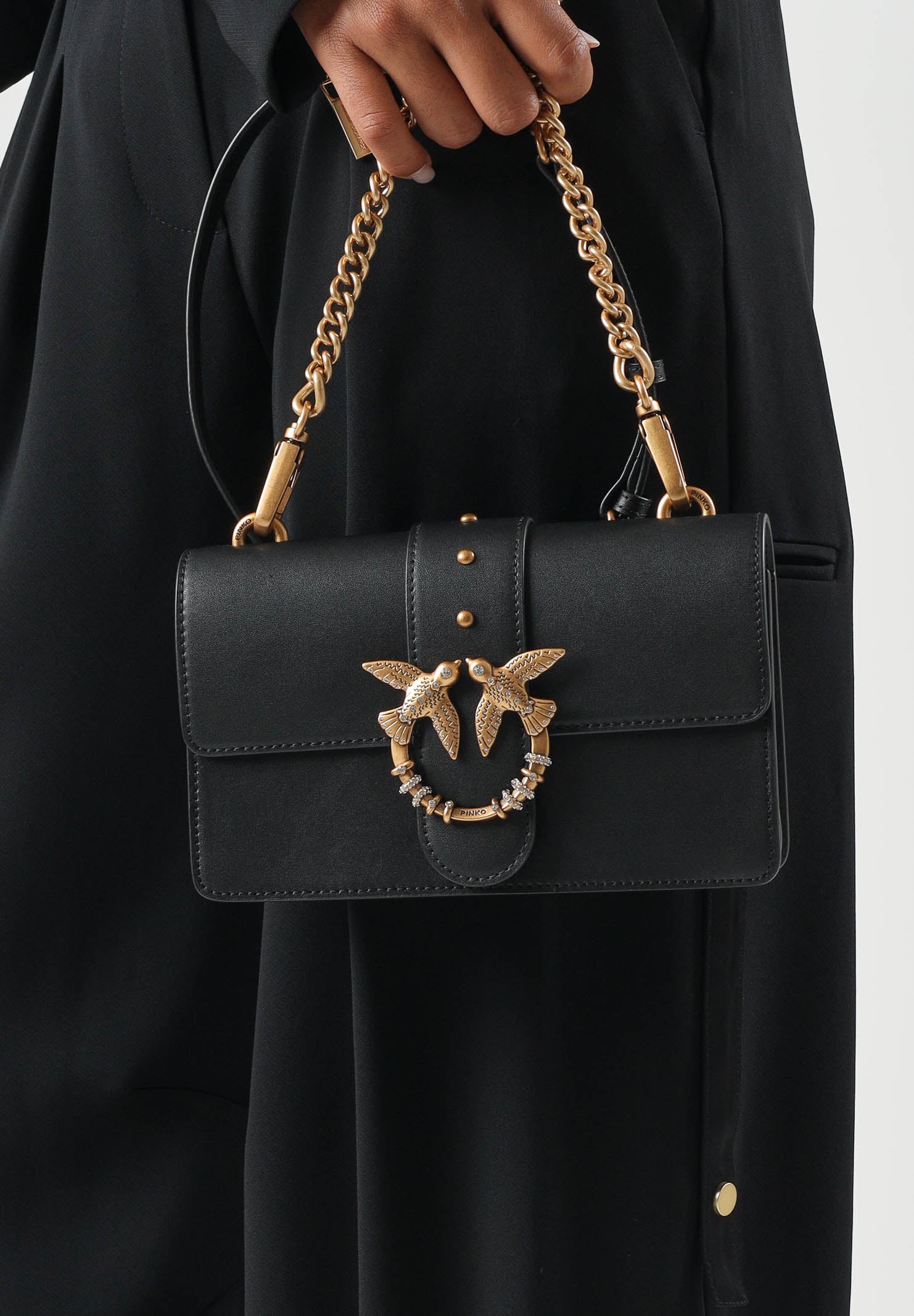 PINKO Borsa Mini LOVE BAG ONE nera da donna con fibbia gioiello Love Birds e tracolla in catena 107071A0F1 Z99Q PINKO 