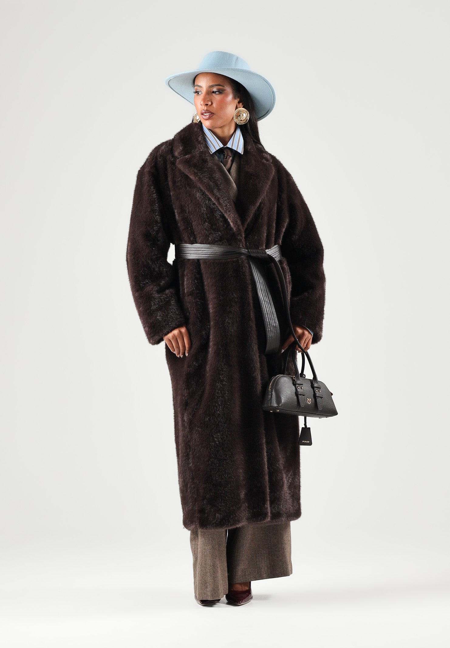 PINKO Pelliccia CALENDULA COAT marrone testa di moro da donna con cintura in vita e chiusura a portafoglio. 107168A3FK L72 PINKO 