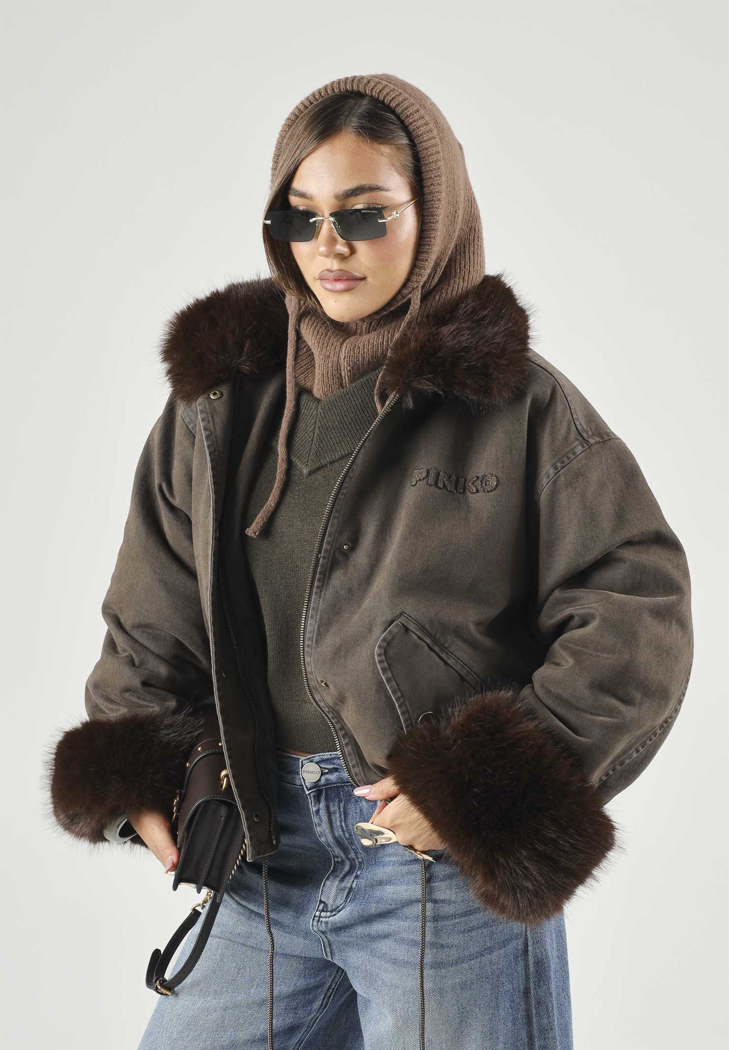 PINKO GARLATE JACKET Montone CABAN marrone caffè-marrrone scuro da donna con collo e polsini effetto pelliccia. 107219A3GV L64 PINKO 