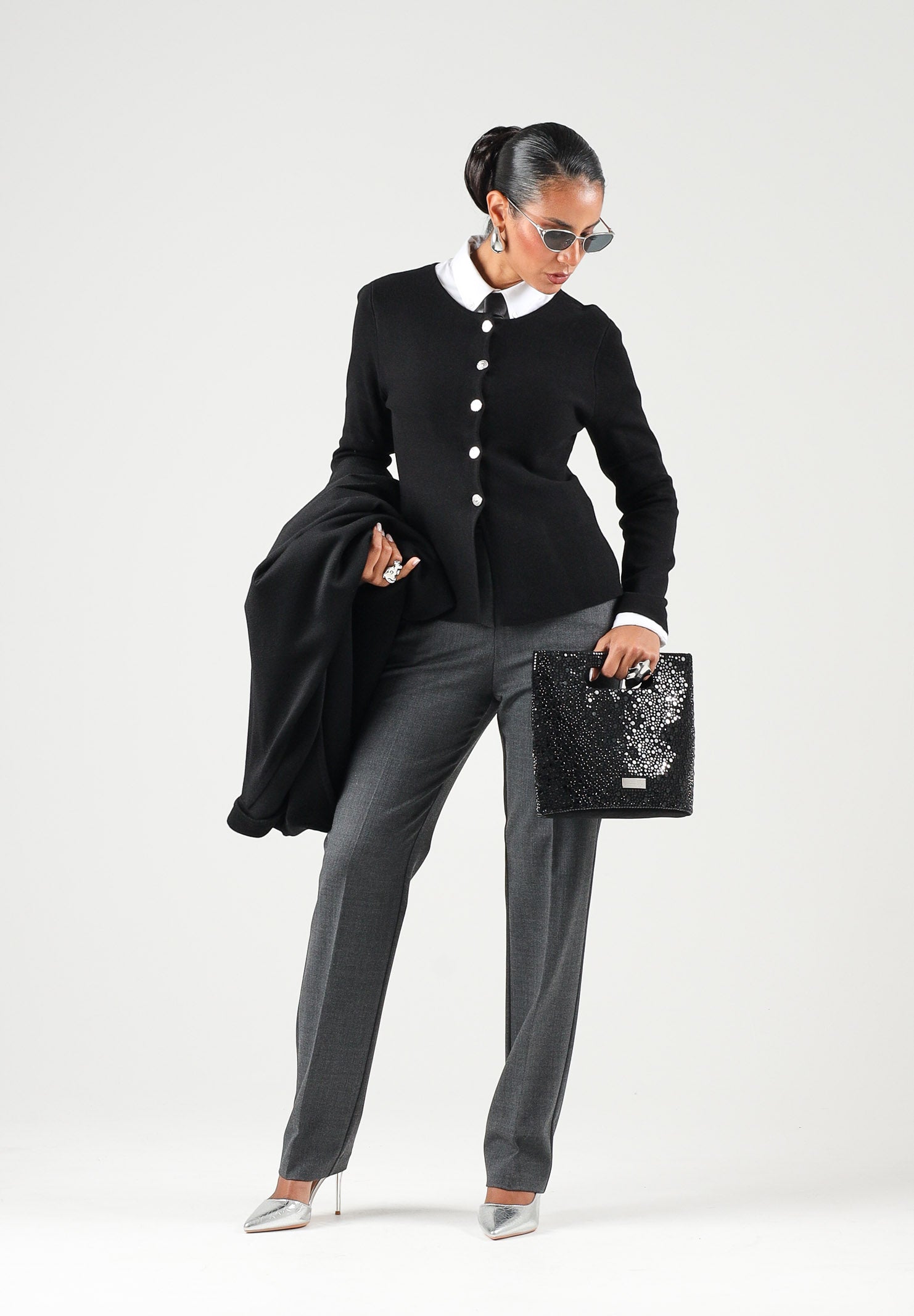 PINKO Pantaloni PLEIONE a sigaretta in misto lana stretch grigio corvo  da donna con fantasia a spiga. 107264A3IF I76 PINKO 