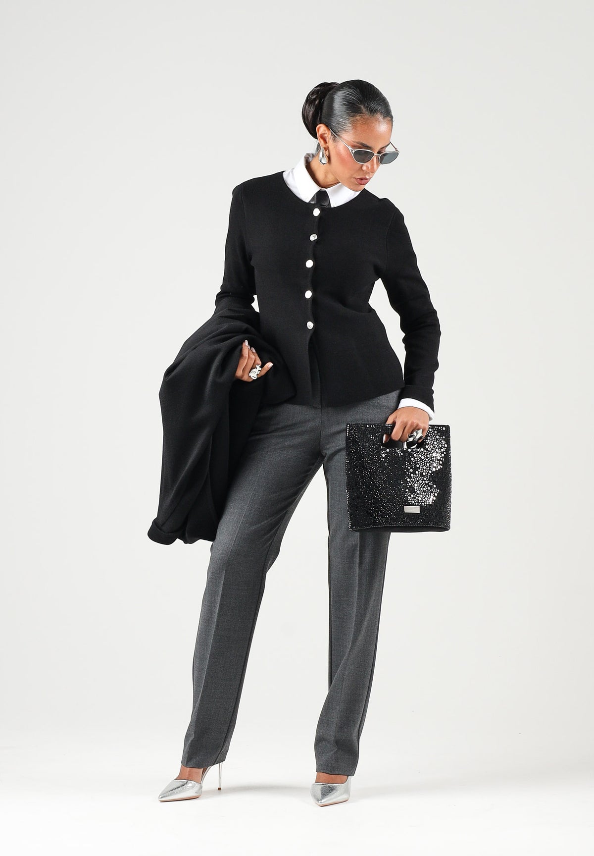 PINKO Pantaloni PLEIONE a sigaretta in misto lana stretch grigio corvo  da donna con fantasia a spiga. 107264A3IF I76 PINKO 