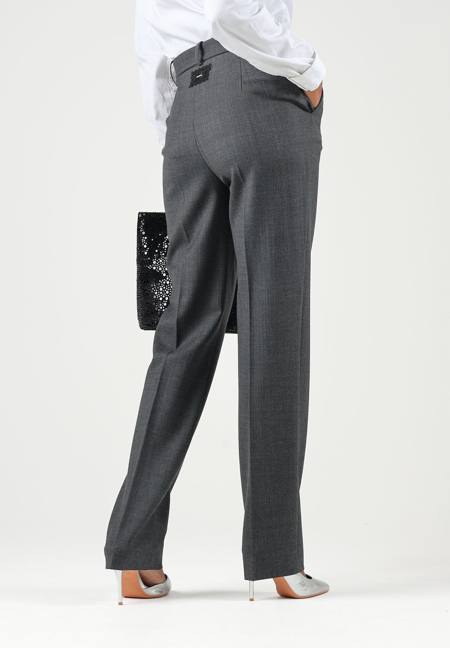 PINKO Pantaloni PLEIONE a sigaretta in misto lana stretch grigio corvo  da donna con fantasia a spiga. 107264A3IF I76 PINKO 
