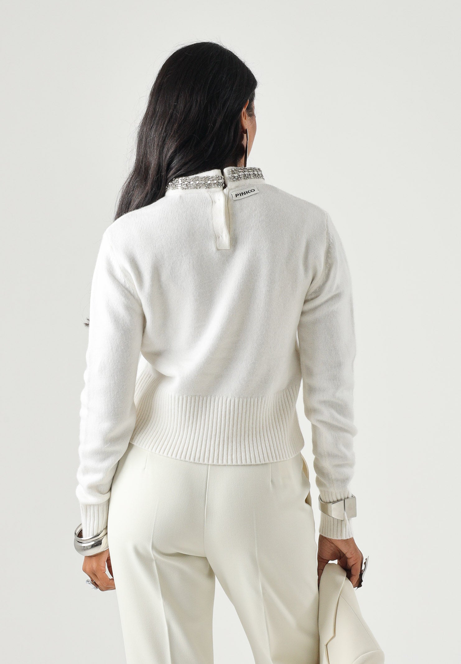 PINKO Maglia  BARLINO girocollo Bianco Inverno da donna con dettaglio gioiello. 107274A3GI Z03 PINKO 