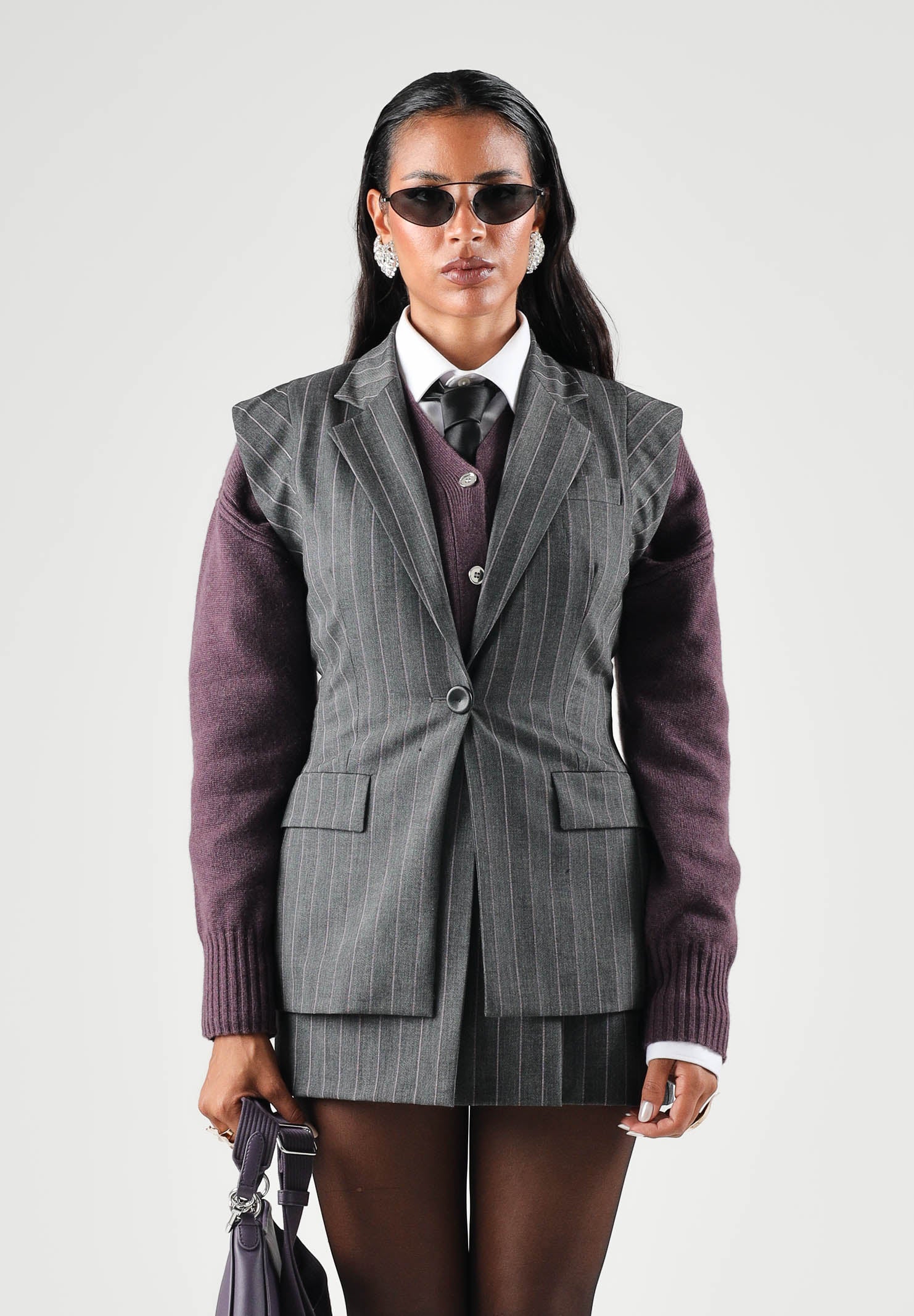 PINKO Gilet GENISTA  grigio e rosa per donna con motivi gessati e spalle strutturate 107428A3FF IN4 PINKO 