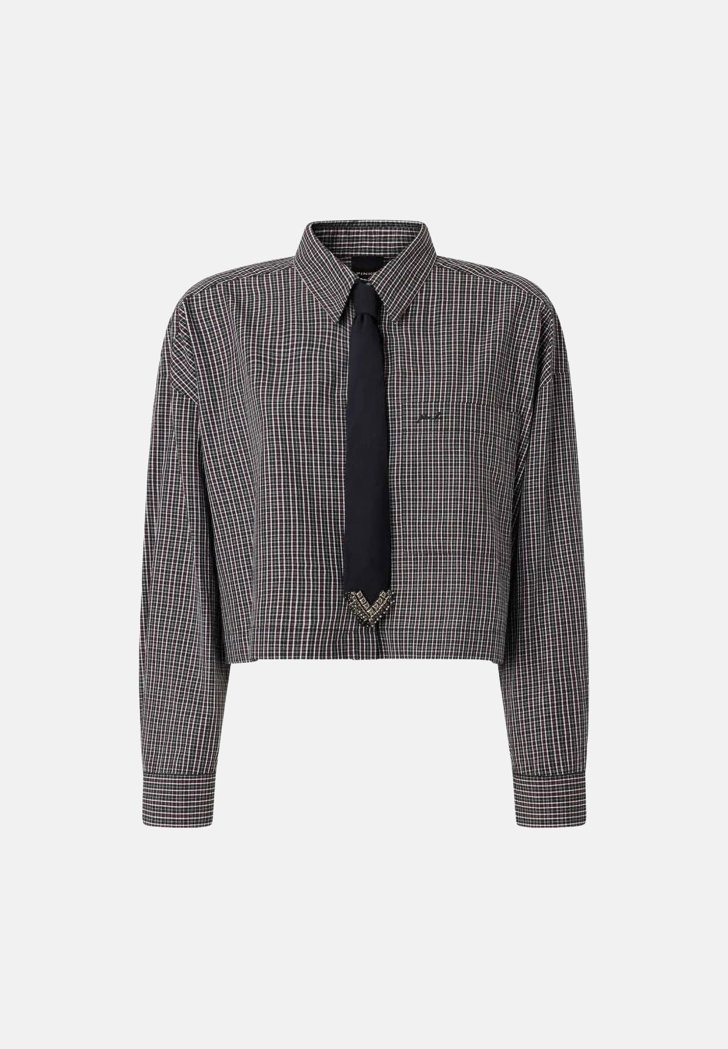 PINKO  Camicia CARLINA cropped a quadretti con cravatta nero-bianco-rosa nero, colore basico nero, donna. 107453A3FQ ZF6 PINKO 