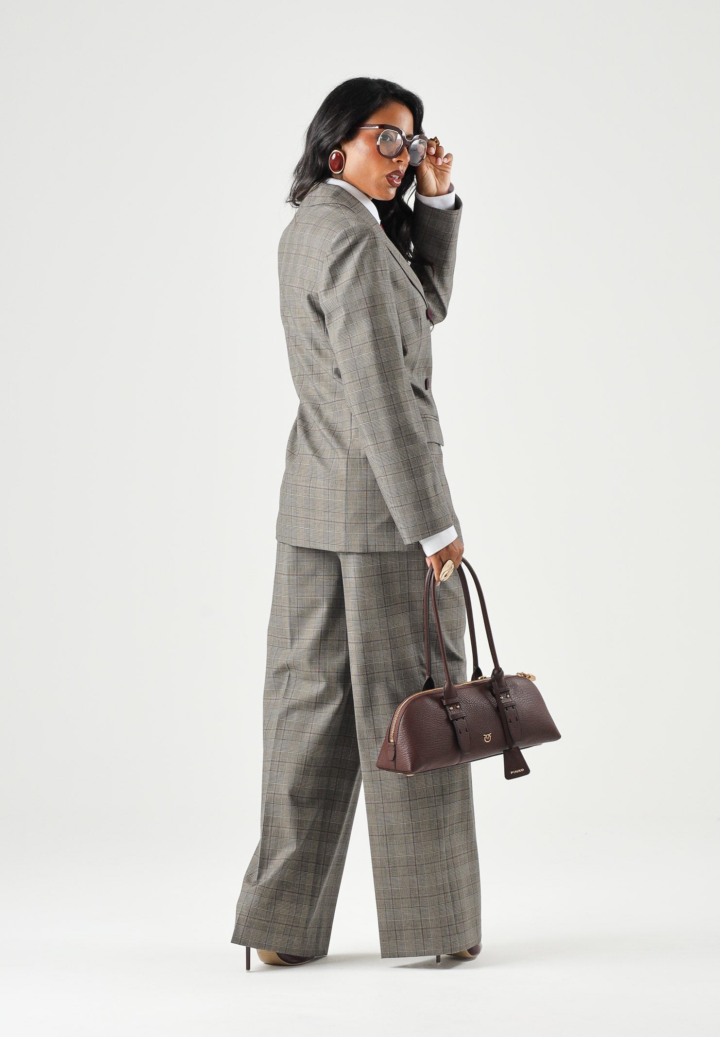 PINKO Pantaloni eleganti PLUMERIA beige-bordeaux da donna con fantasia check e dettaglio sartoriale. 107476A3FF CYZ PINKO 