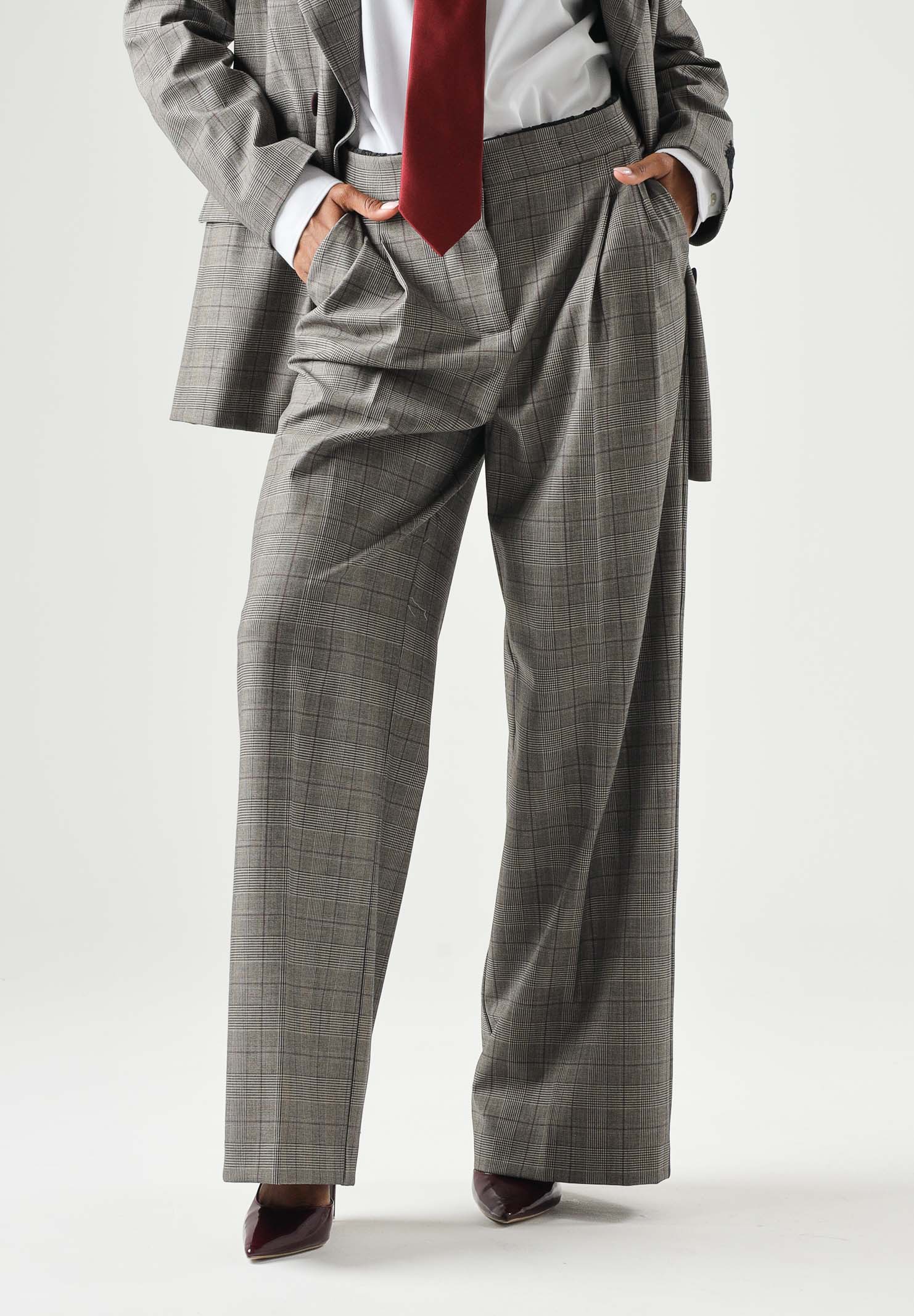 PINKO Pantaloni eleganti PLUMERIA beige-bordeaux da donna con fantasia check e dettaglio sartoriale. 107476A3FF CYZ PINKO 