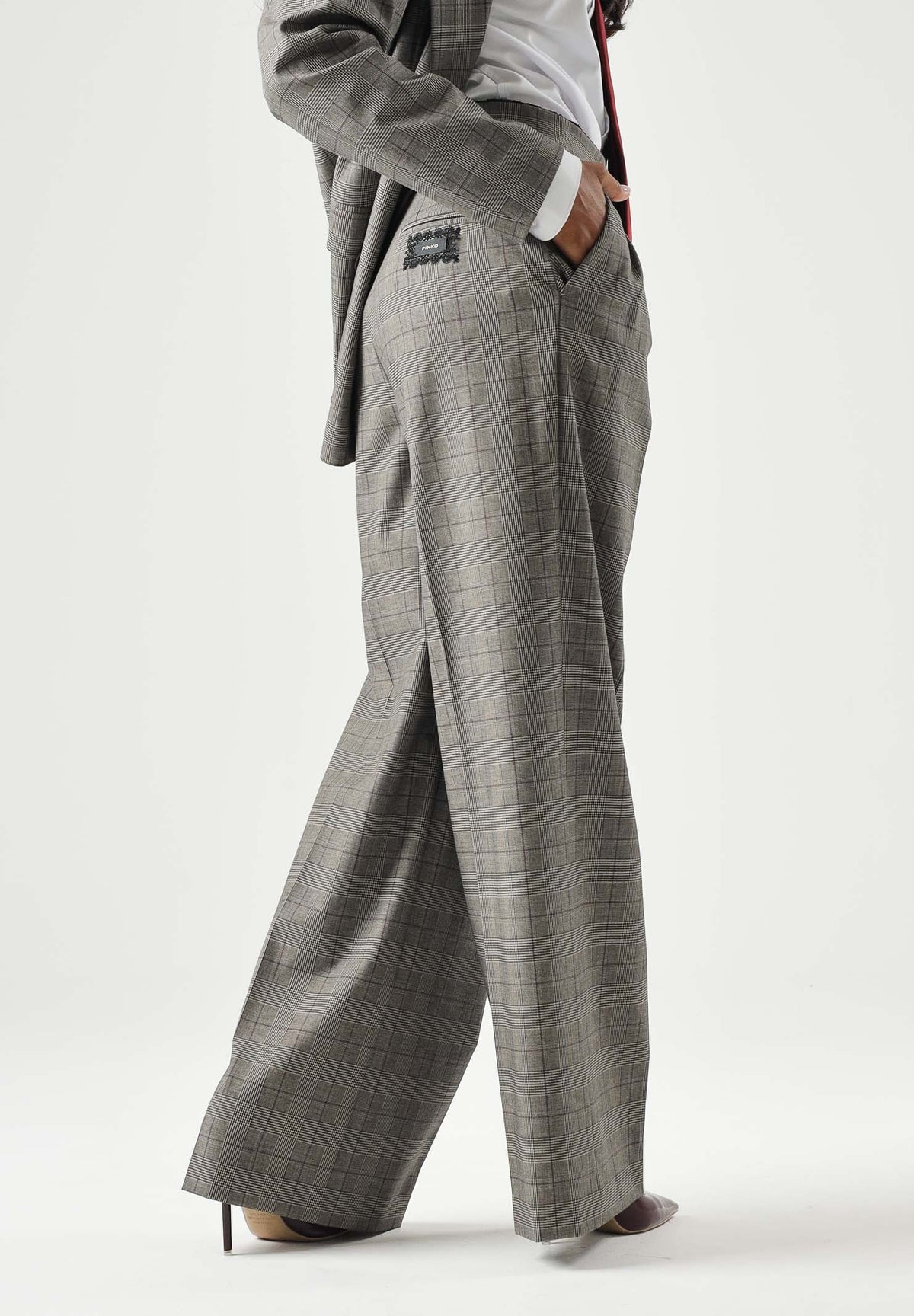 PINKO Pantaloni eleganti PLUMERIA grigi dettagli bordeaux-da donna con fantasia check e dettaglio sartoriale. 107476A3FF CYZ PINKO 