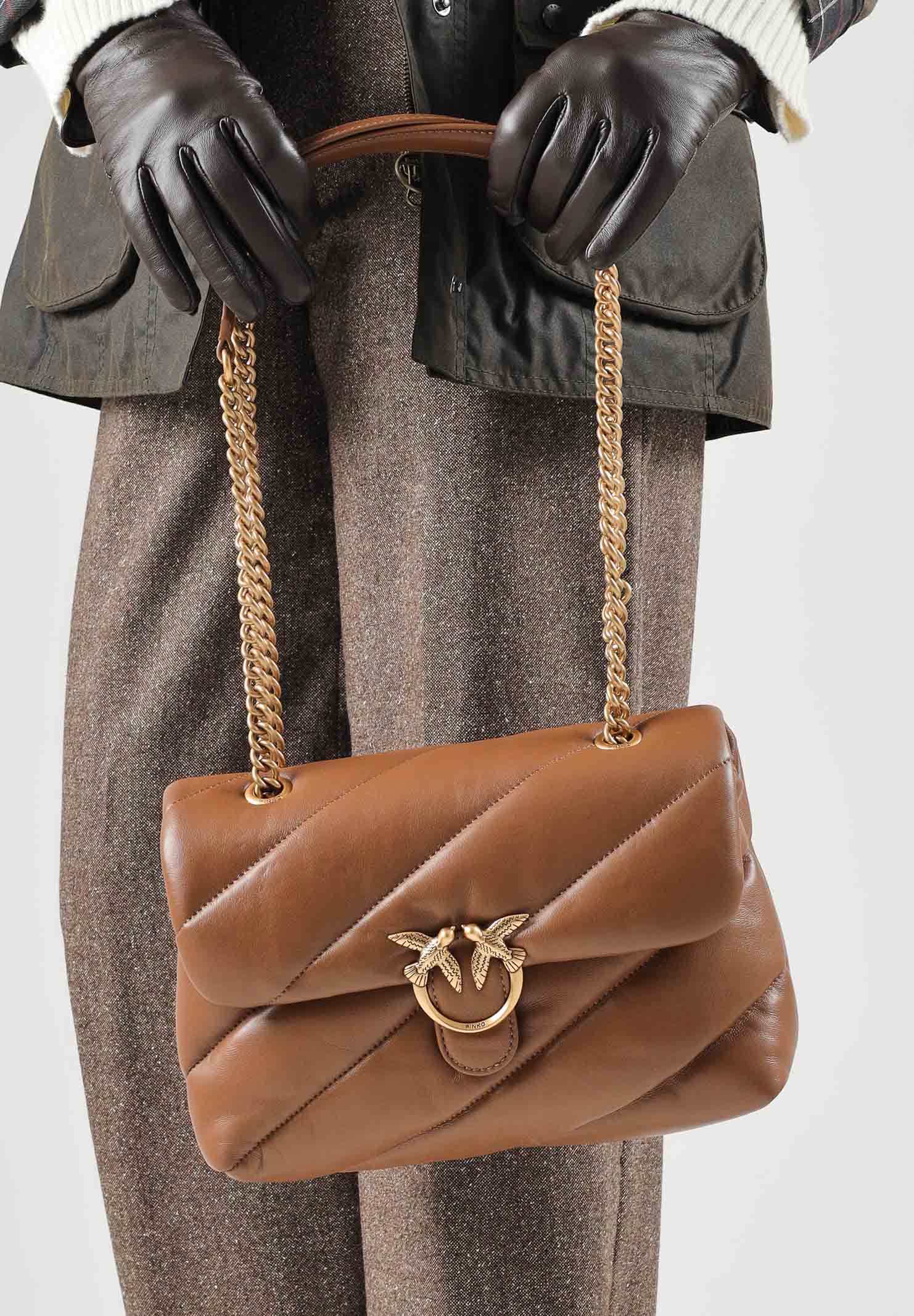 PINKO Borsa a tracolla Love Puff Classic marrone cognac per donna con trapuntatura chevron 107616A0F2 M37Q PINKO 