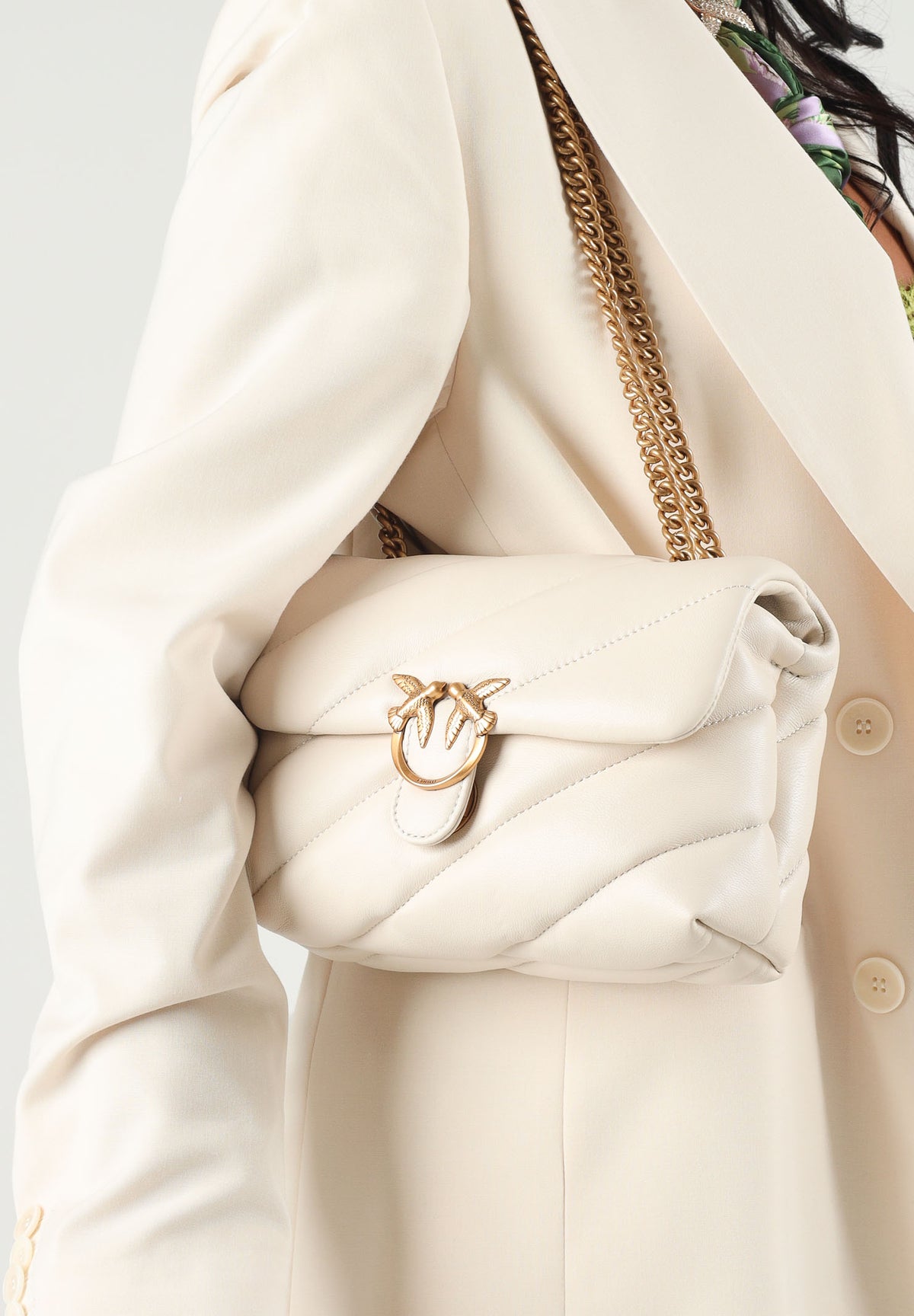 PINKO Borsa LOVE PUFF MINI seta-antique gold bianco da donna con maxi trapuntatura obliqua e fibbia Love Birds<BR/> 107617A0F2 Z14Q PINKO 