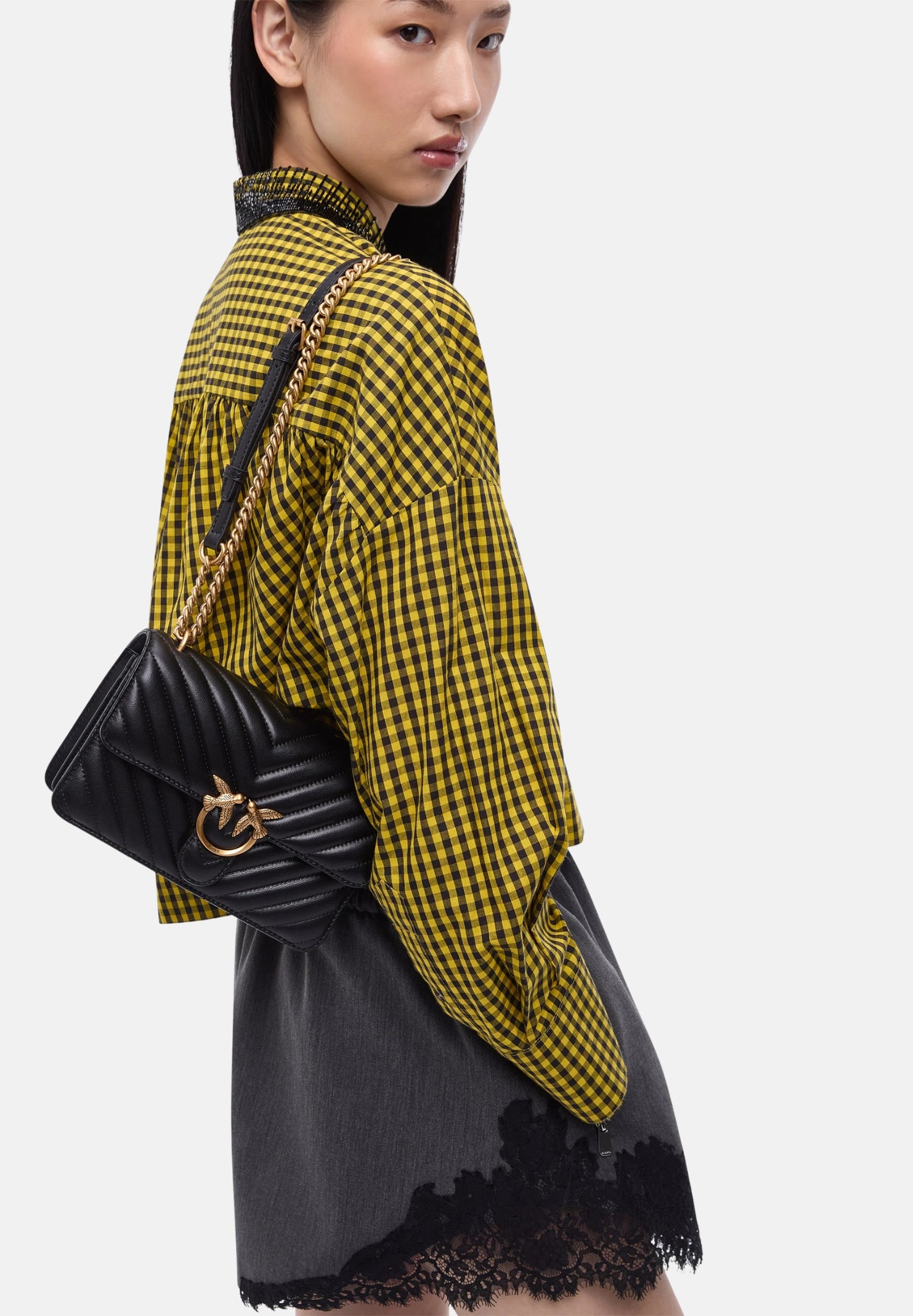 PINKO Borsa a tracolla nera per donna con elegante motivo trapuntato a chevron e iconica fibbia metallica Love Birds. 107620A0GK Z99Q PINKO 