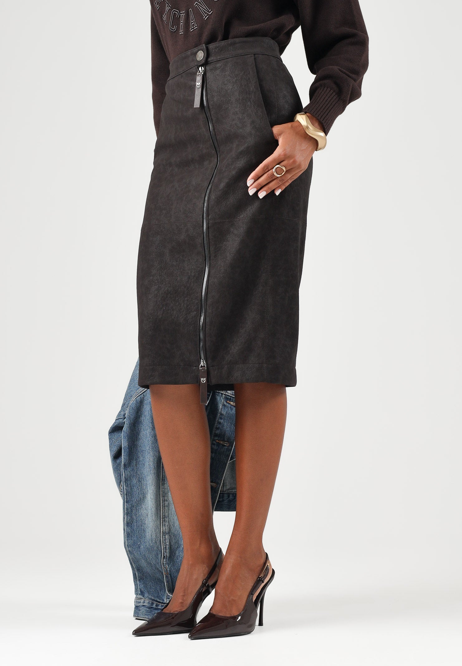 PINKO Gonna midi MONTIANO marrone oltre per donna con spacco frontale e zip con tiralampo Love Birds. 107806A3MD M04 PINKO 