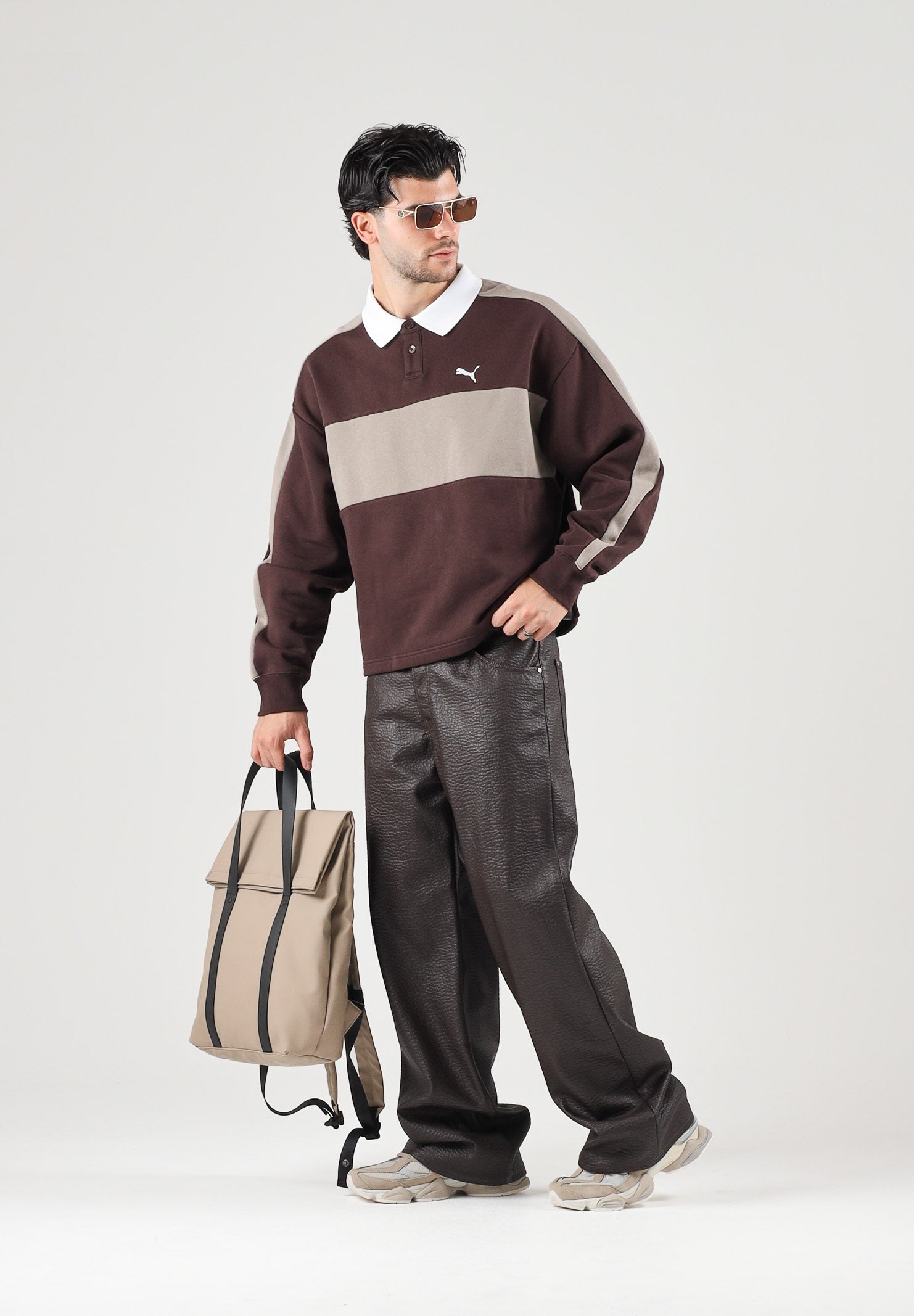 PUMA Polo manica lunga  CREWNECK marrone per uomo con colletto a contrasto, patta con bottoni 636728 33 PUMA 