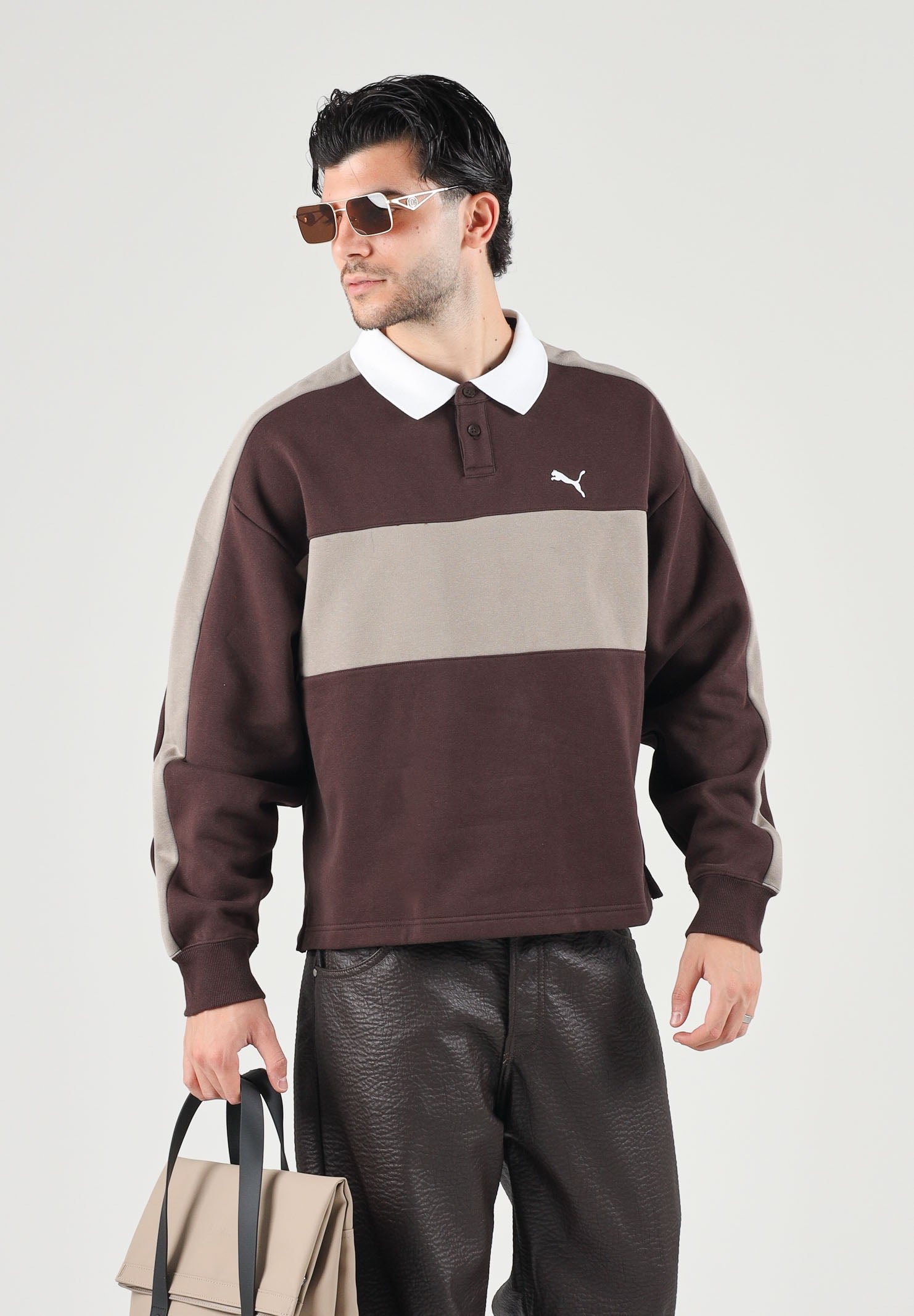 PUMA Polo manica lunga  CREWNECK marrone per uomo con colletto a contrasto, patta con bottoni 636728 33 PUMA 