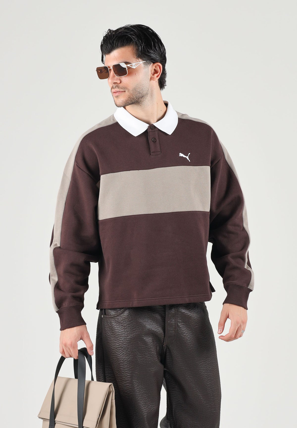 PUMA Polo manica lunga  CREWNECK marrone per uomo e donna con colletto a contrasto, patta con bottoni 636728 33 PUMA 