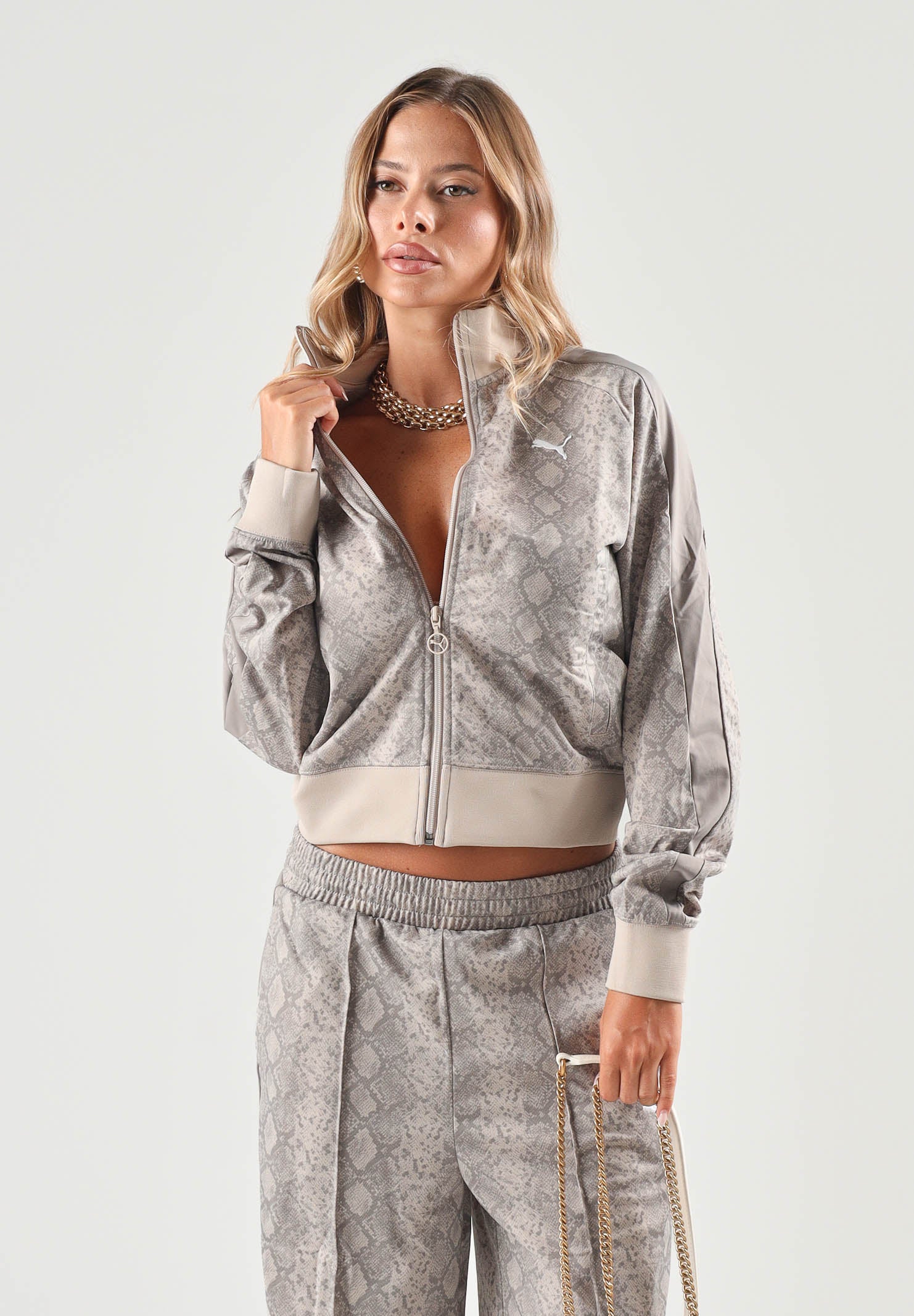 PUMA Felpa con zip PYTHON PRINT TRACK JACKET beige da donna con fantasia pitonata 638737 81 PUMA 