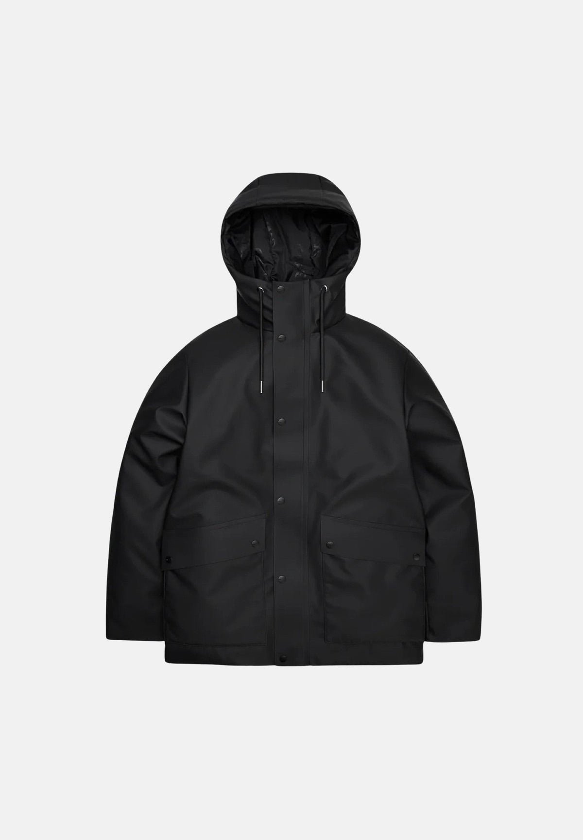 RAINS Parka nero per uomo con cappuccio con visiera e tasche con patta. RA21450 BL RAINS 