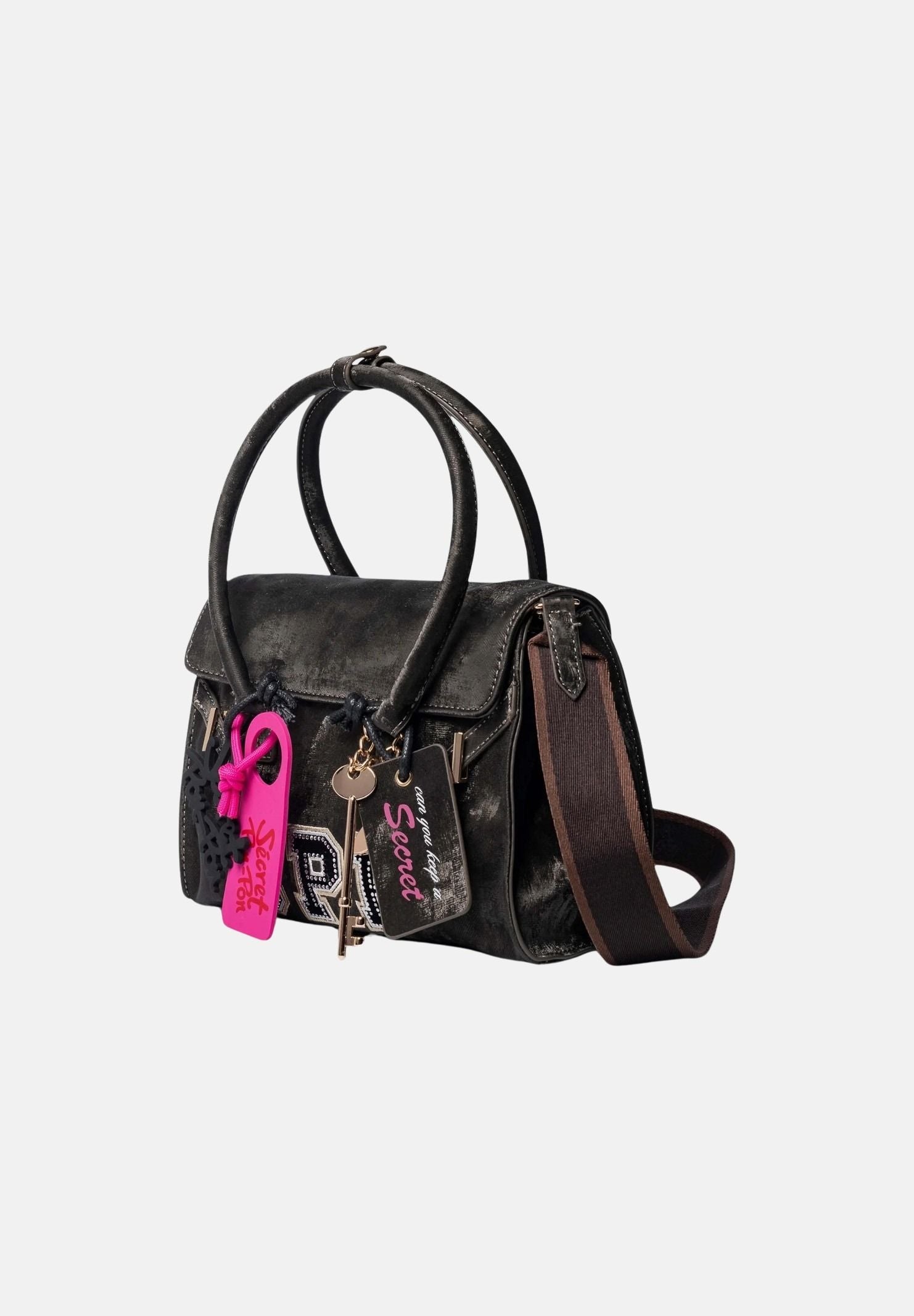 SECRET PON PON Borsa a mano BLAYR STRASS Dark Grey grigio scuro da donna in velluto, con logo SPP in strass, manico e charm decorativi. BLAYR-STRASS DA-GR SECRET PON PON 