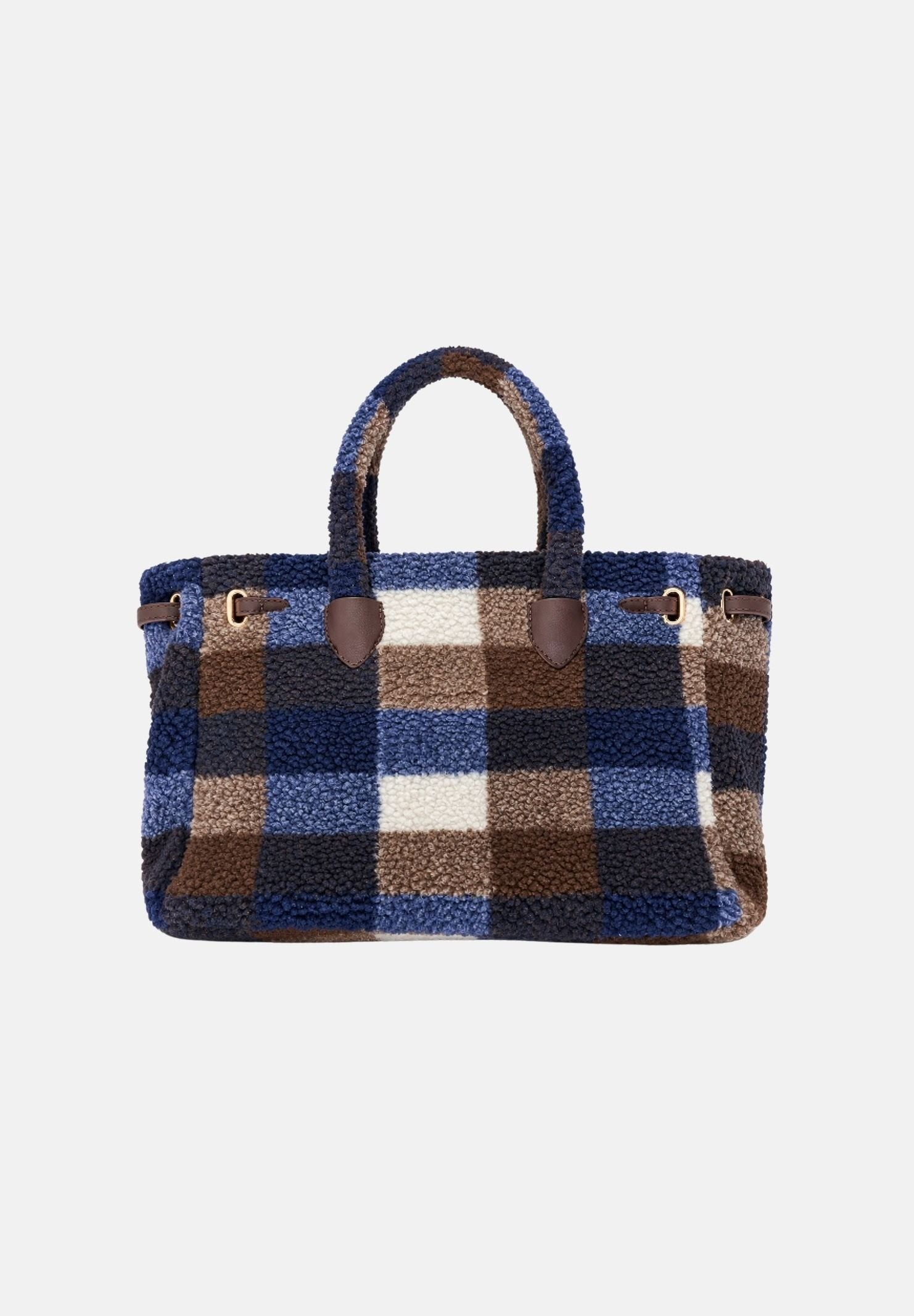 SECRET PON-PON Borsa a mano KAYLYN M CHECK dark blu da donna in morbido tessuto bouclé effetto teddy, KAYLYN-M-CHECK CODA SECRET PON PON 
