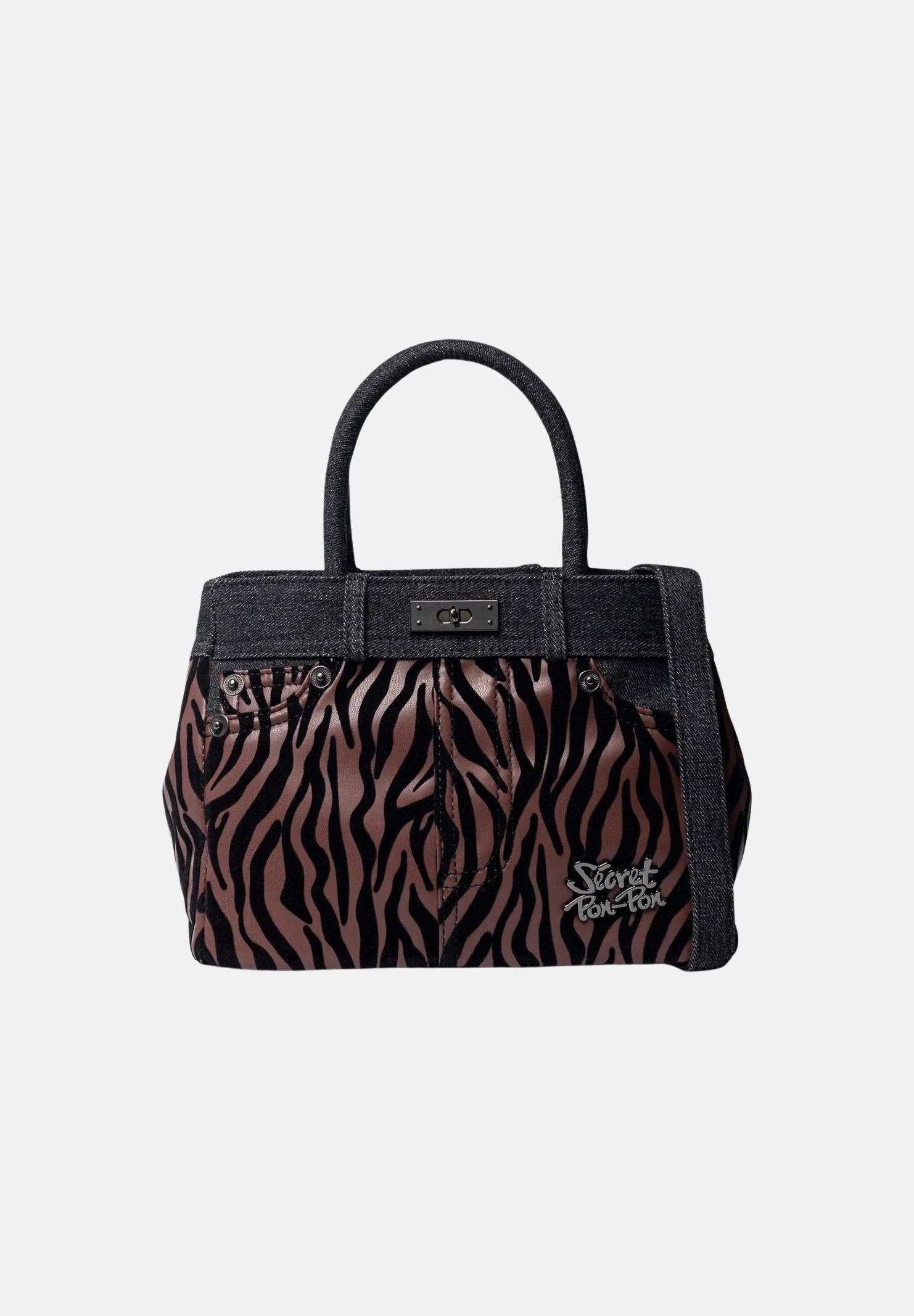 SECRET PON PON Borsa a mano KELSY ZEBRA Cocoa marrone da donna, con doppi manici e tracolla regolabile.<BR/> KELSY-ZEBRA ZECO SECRET PON PON 