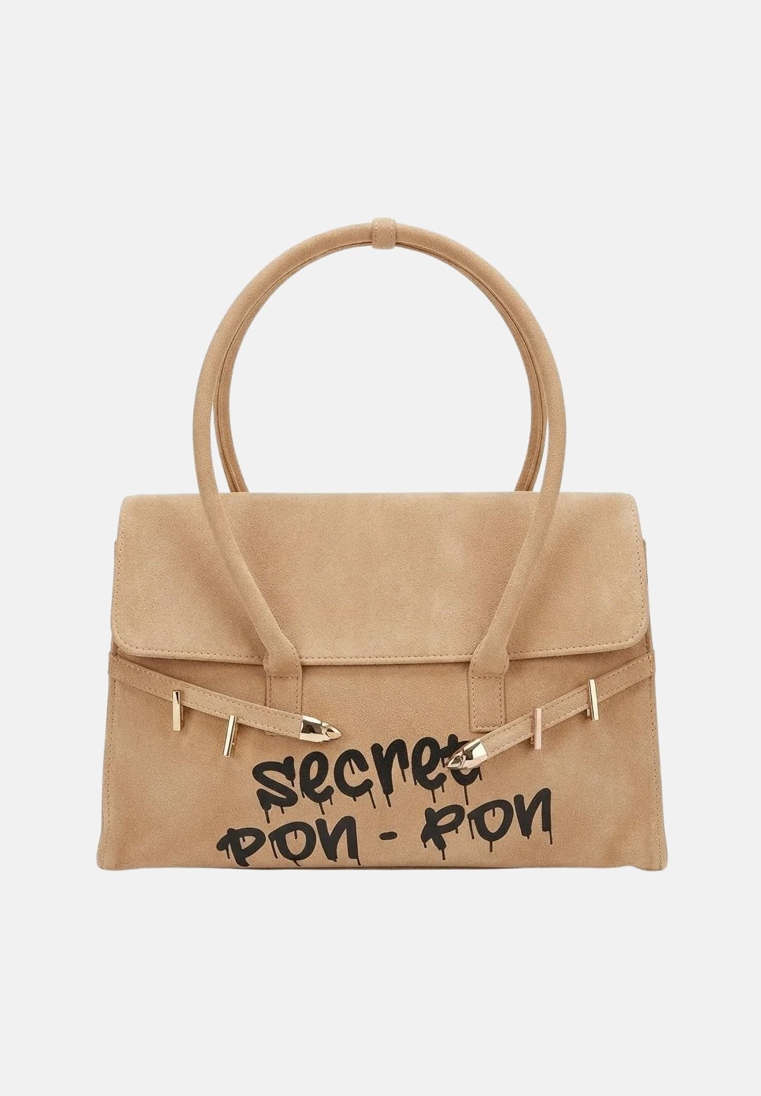 SECRET PON PON Borsa a mano KEYLA L  beige scuro da donna, effetto suede, con doppi manici e maxi logo nero sul davanti.<BR/> KEYLA-L DABE SECRET PON PON 