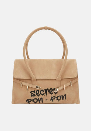 SECRET PON PON Borsa a mano KEYLA L  beige scuro da donna, effetto suede, con doppi manici e maxi logo nero sul davanti.<BR/> KEYLA-L DABE SECRET PON PON 