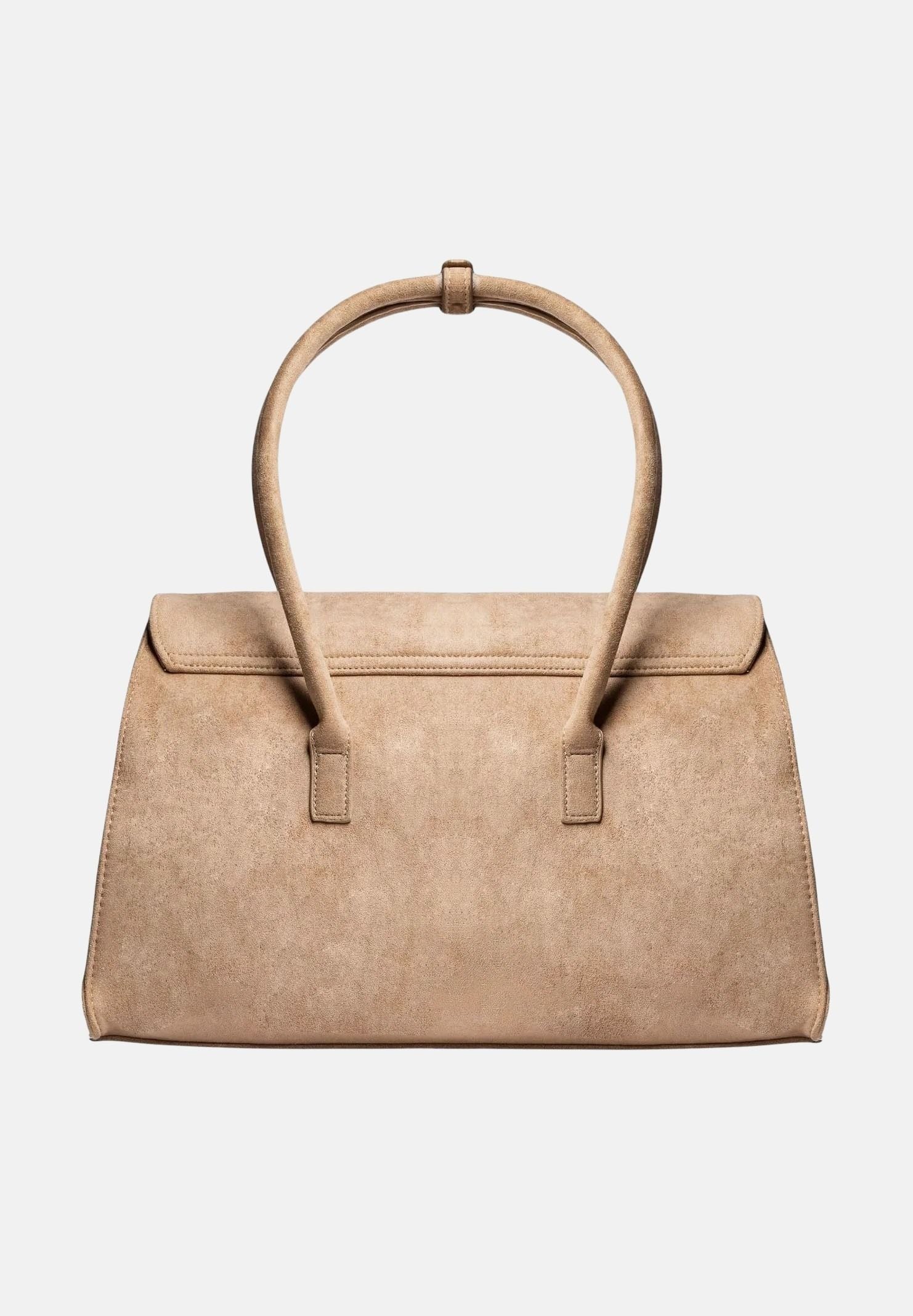 SECRET PON PON Borsa a mano KEYLA L  beige scuro da donna, effetto suede, con doppi manici e maxi logo nero sul davanti.<BR/> KEYLA-L DABE SECRET PON PON 