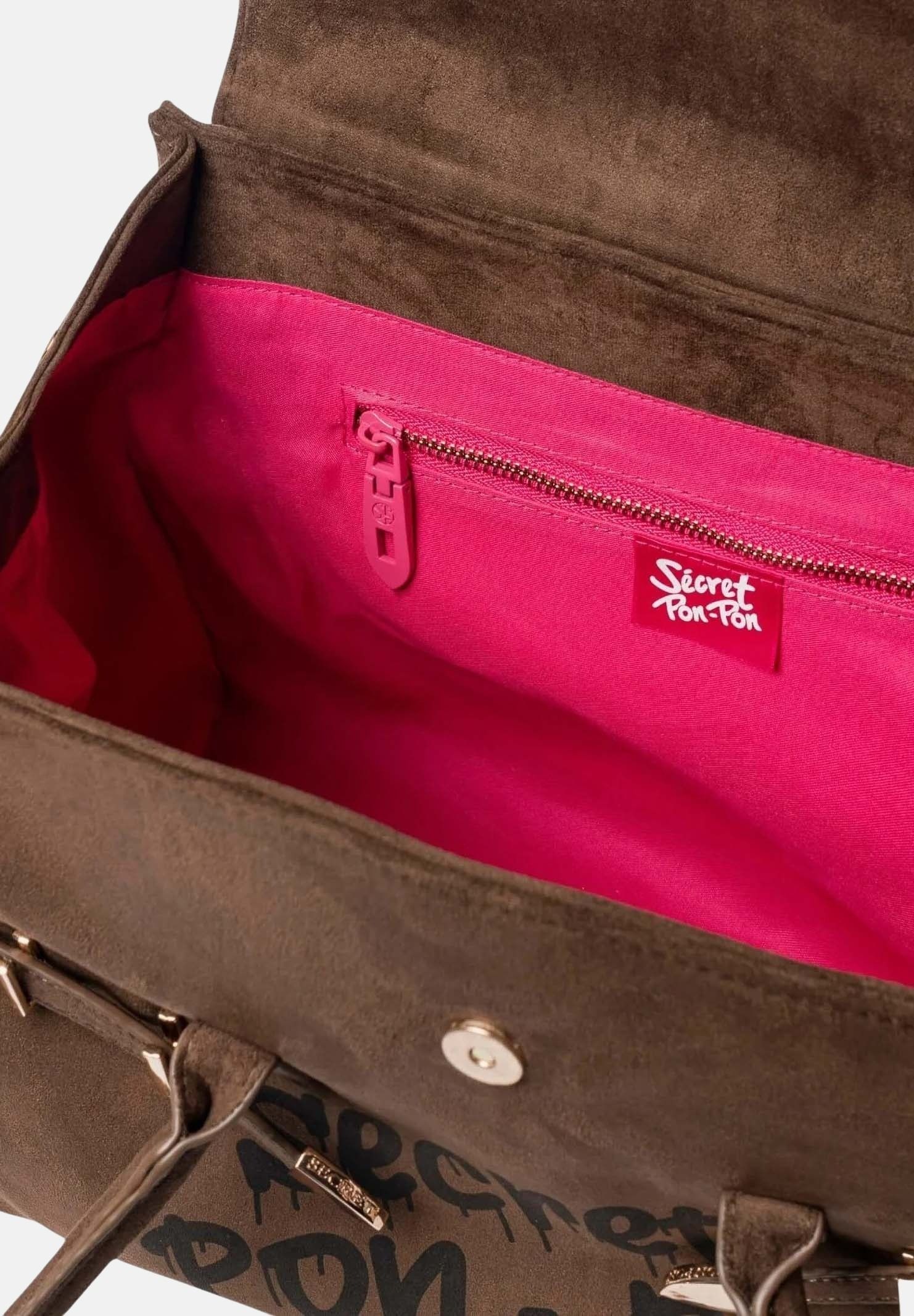 SECRET PON PON Borsa a mano KEYLA M Cocoa marrone  da donna, effetto scamosciato, con manico arcuato, cinturino e logo frontale.<BR/> KEYLA-M CO SECRET PON PON 