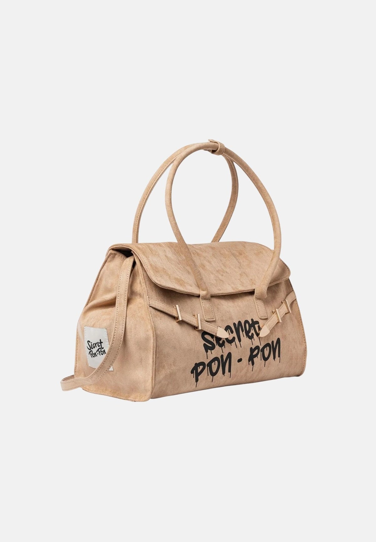 SECRET PON PON Borsa a mano KEYLA M beige scuro da donna, effetto scamosciato, con manico arcuato, cinturino e logo frontale.<BR/> KEYLA-M DABE SECRET PON PON 