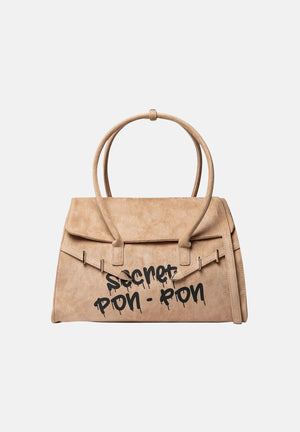 SECRET PON PON Borsa a mano KEYLA M beige scuro da donna, effetto scamosciato, con manico arcuato, cinturino e logo frontale.<BR/> KEYLA-M DABE SECRET PON PON 