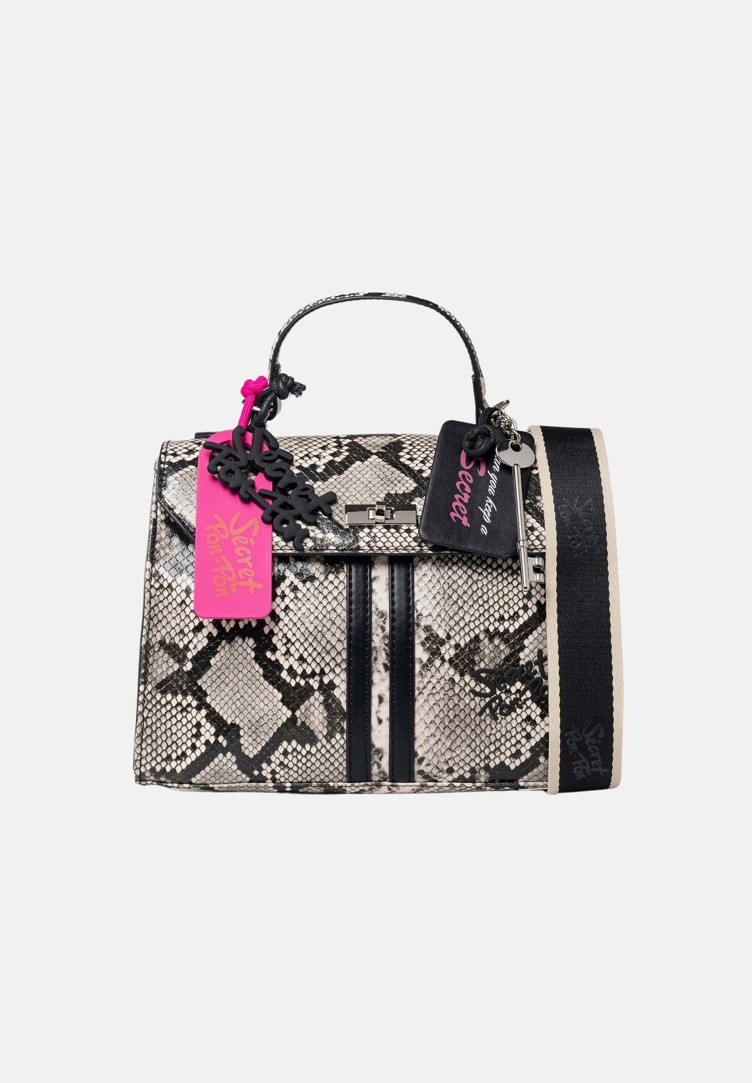 SECRET PON PON Borsa a mano LAUREEN ROCK Roccia beige grigio pitonato da donna, con manico, tracolla regolabile, patta e charm fucsia. LAUREEN-ROCK RO SECRET PON PON 
