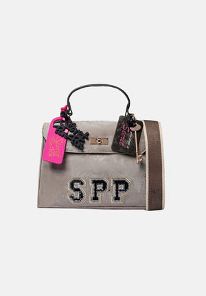 SECRET PON PON Borsa a mano LAUREEN STRASS Taupe tortora da donna in velluto, con logo SPP in strass, tracolla regolabile e charm removibili. LAUREEN-STRASS TA SECRET PON PON 