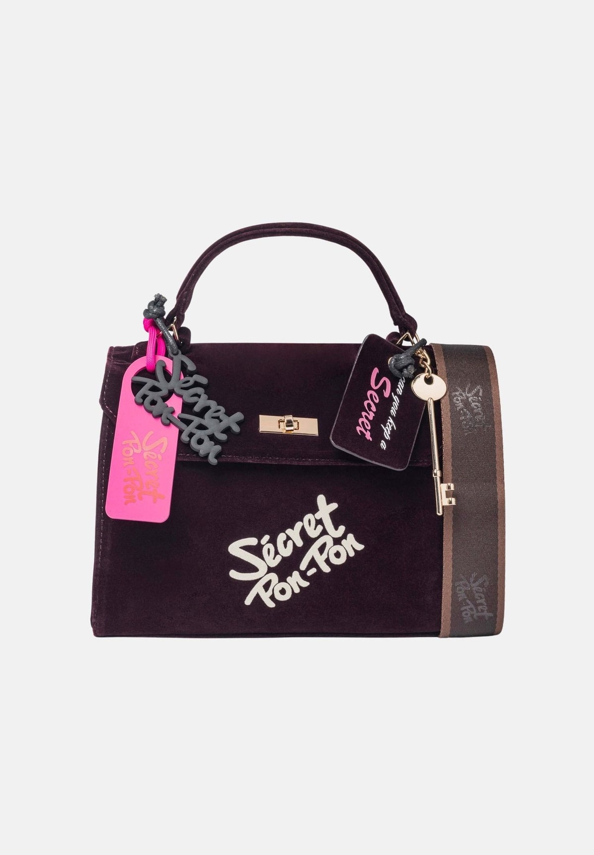 SECRET PON PON Borsa a mano LAUREEN VELVET Burgundy Velvet bordeaux da donna, in velluto con manico arcuato, tracolla e charm decorativi. LAUREEN-VELVET BUVE SECRET PON PON 