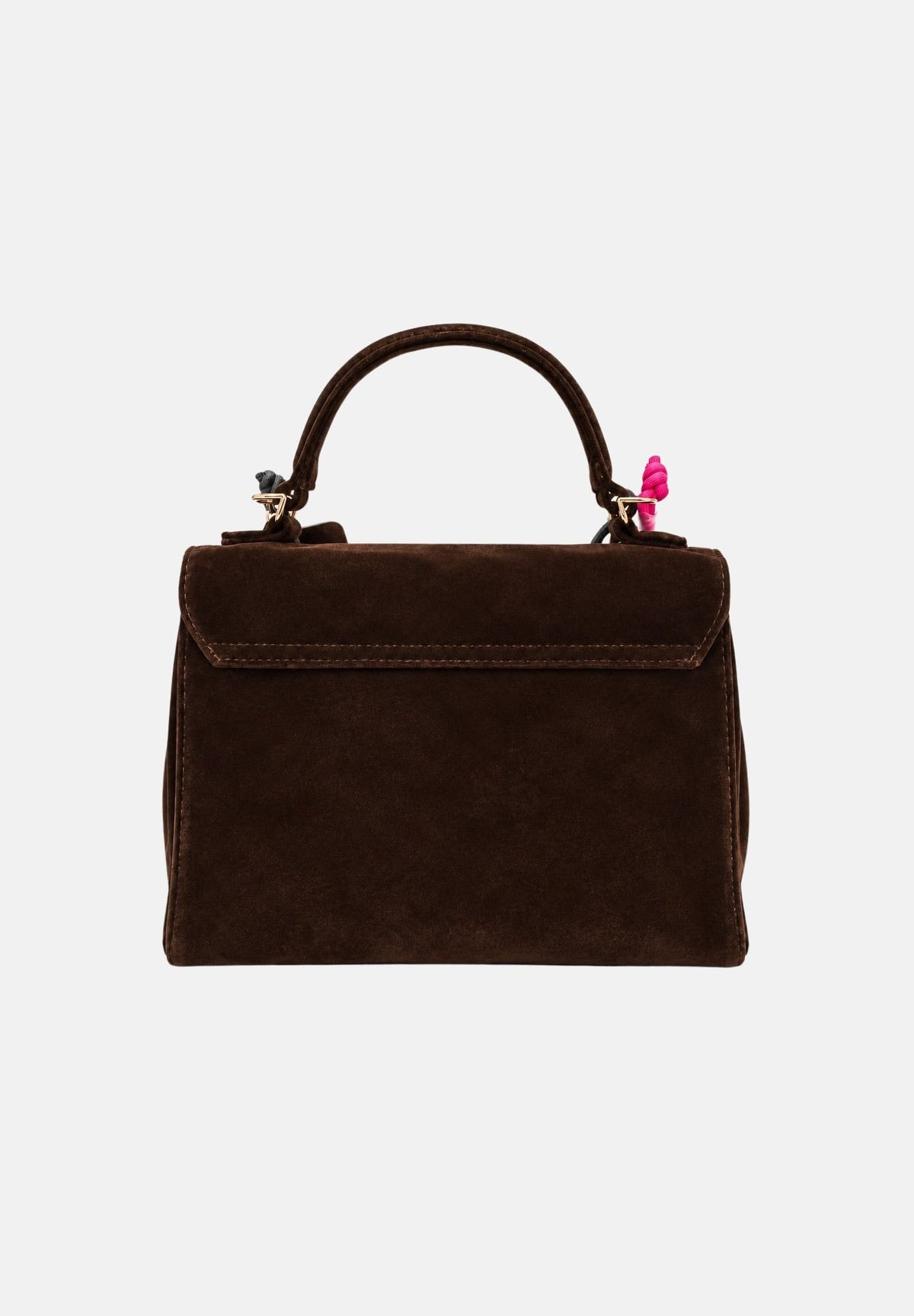 SECRET PON PON Borsa a mano LAUREEN VELVET Cocoa Velvet marrone scuro da donna, in velluto con manico arcuato, charm fucsia e logo frontale. LAUREEN-VELVET CO SECRET PON PON 