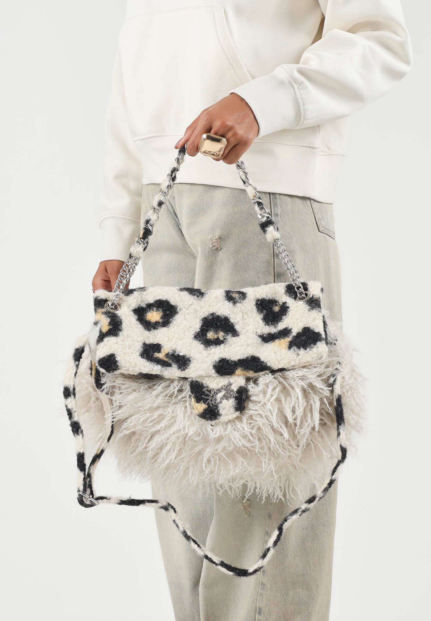 SECRET PON-PON Borsa a mano YSOBEL ANIMALIER nera, beige, marrone da donna con  texture effetto pelliccia a pelo lungo YSOBEL-ANIMALIER LEFU SECRET PON PON 