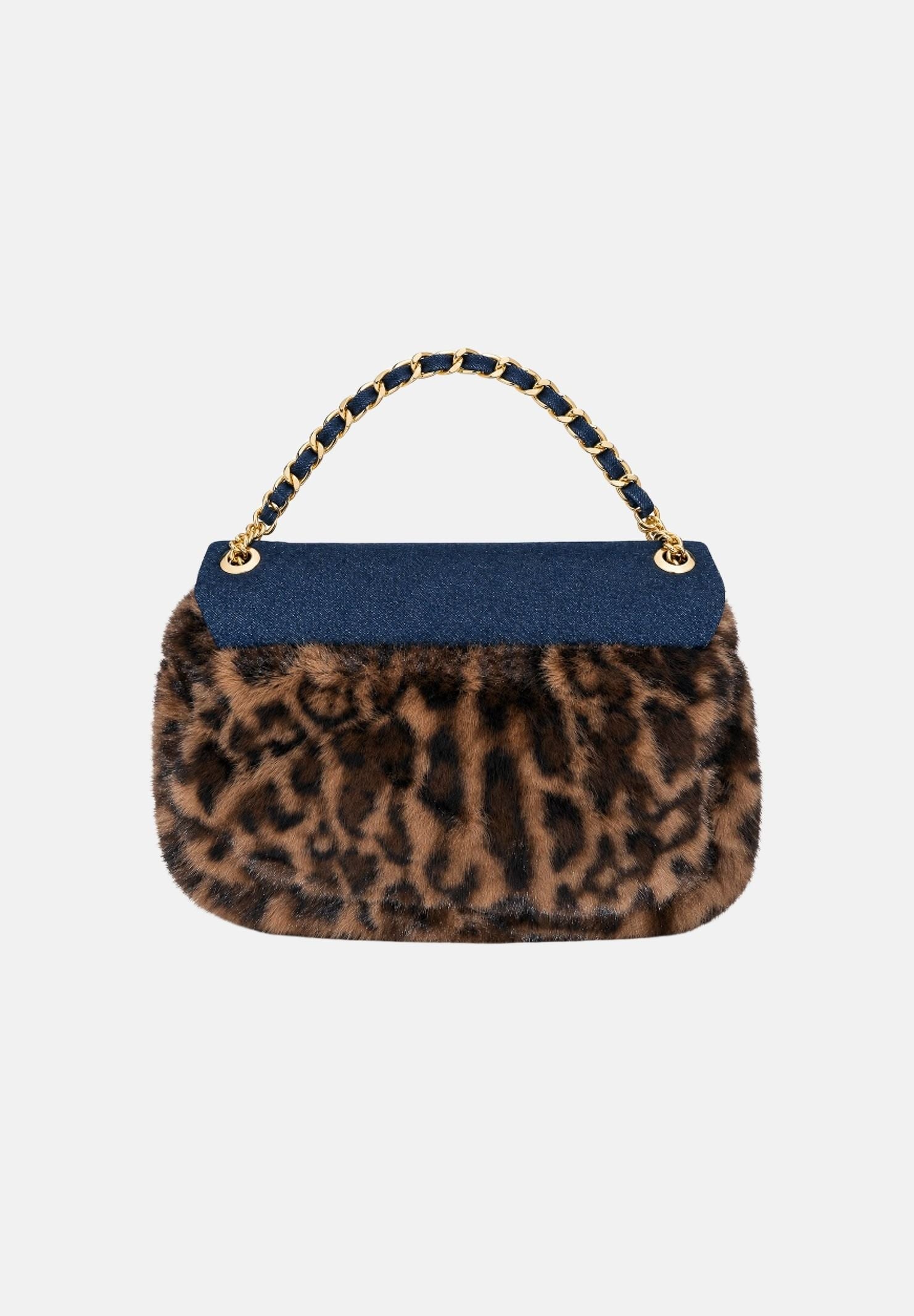 SECRET PON-PON Borsa a mano YSOBEL LEO blu denim con texture effetto pelliccia animalier YSOBEL-LEO JELE SECRET PON PON 