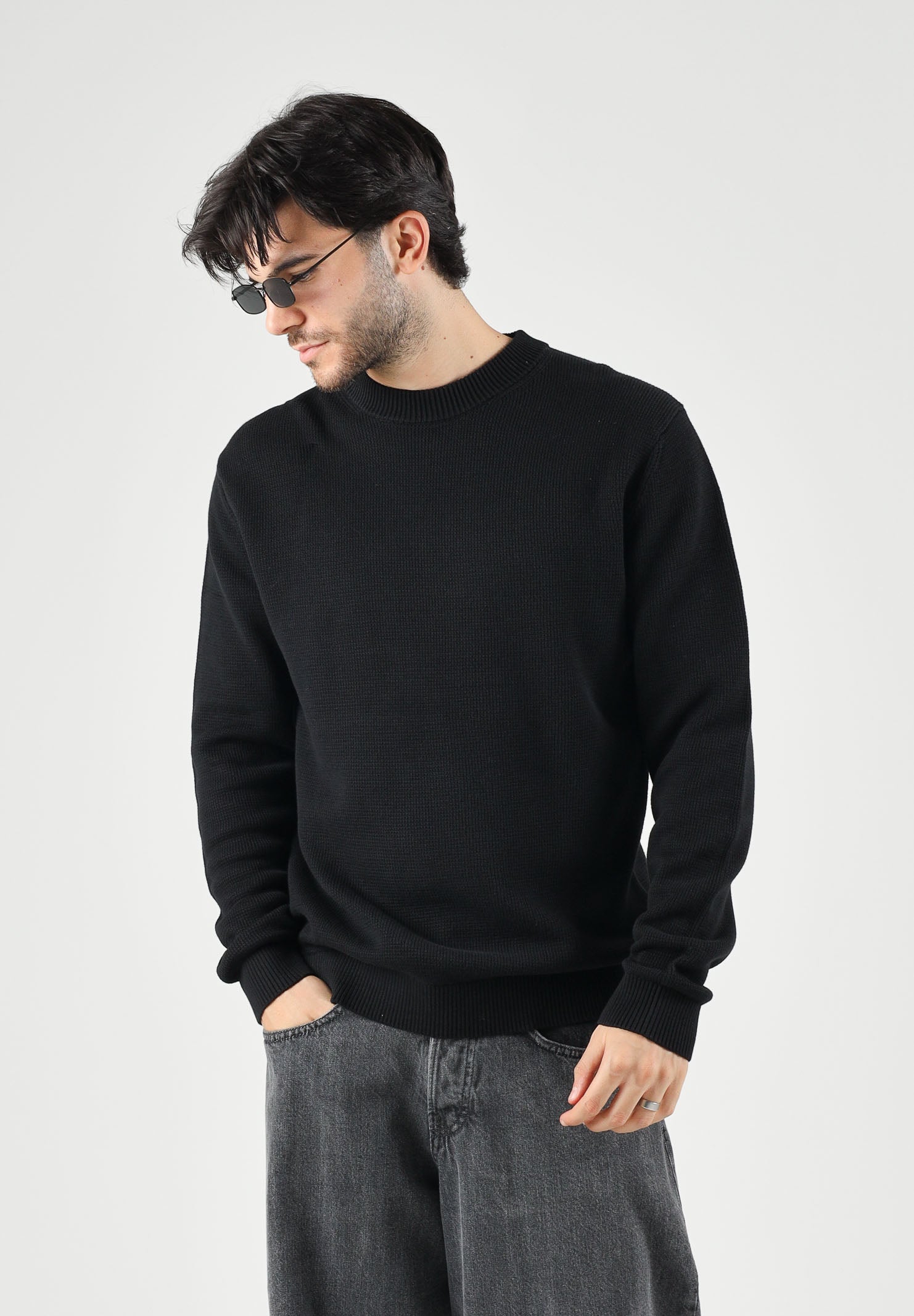 SELECTED HOMME Maglia SLHMALCOLM girocollo nera da uomo con  bordi a coste 16092599 BL SELECTED HOMME 