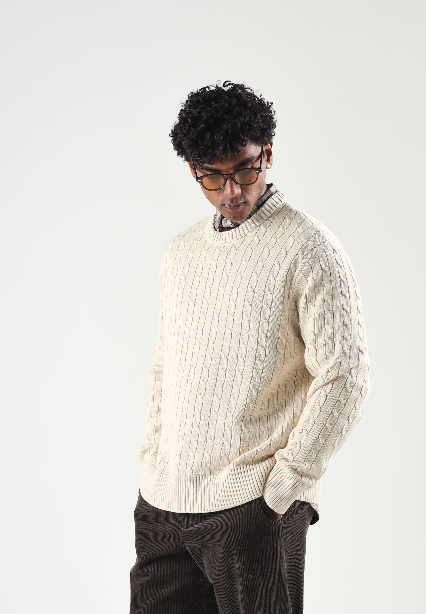 SELECTED HOMME Maglione BRAUN Birch beige chiaro da uomo, con lavorazione a trecce, girocollo e finiture a costine.<BR/> 16101767 BI SELECTED HOMME 