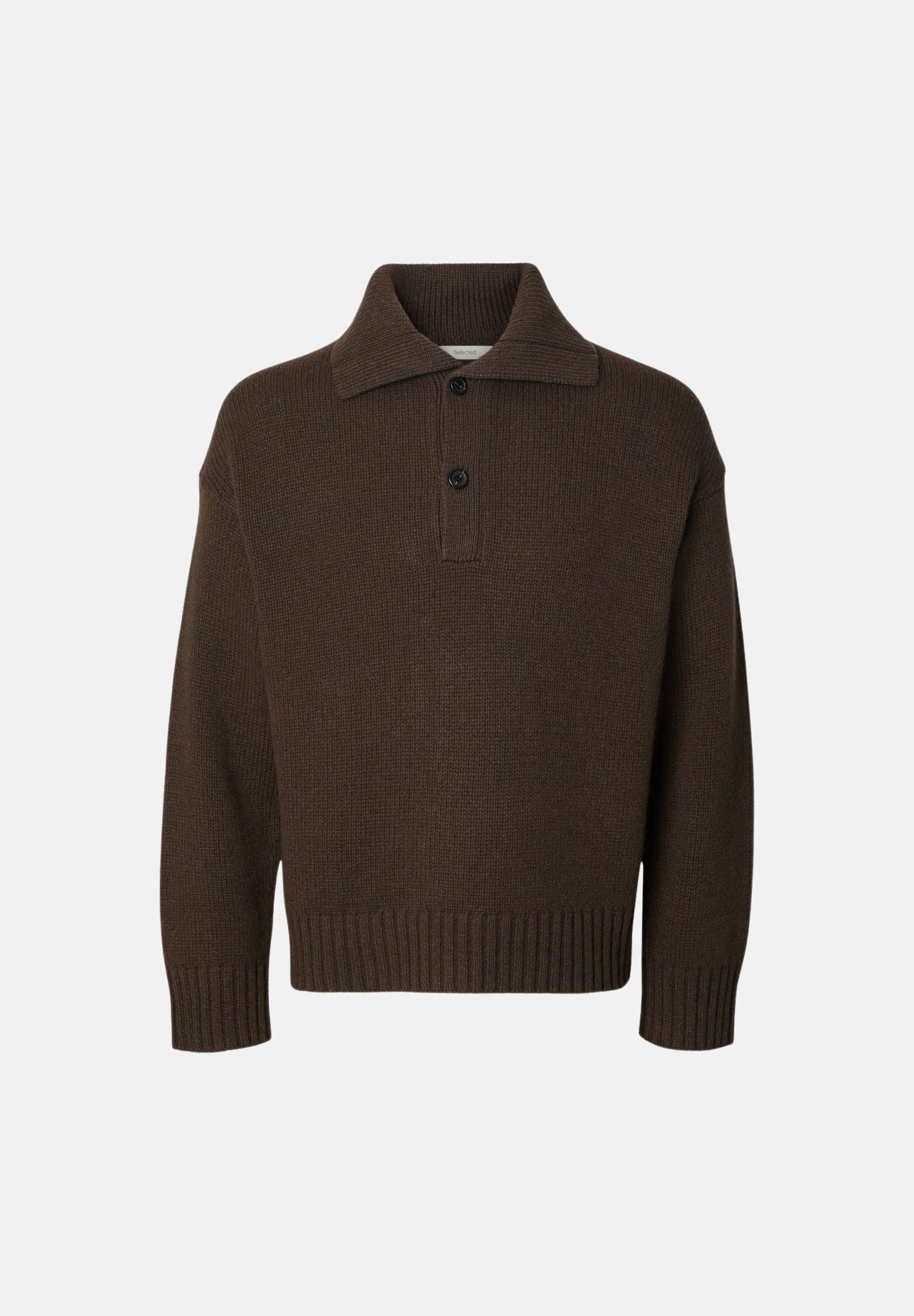 SELECTED HOMME Maglioncino a maniche lunghe effetto polo CODY Turkish Coffee marrone caffè scuro da uomo, in maglia misto lana, con colletto classico, chiusura a due bottoni e rifiniture a costine. 16101903 TU SELECTED HOMME 