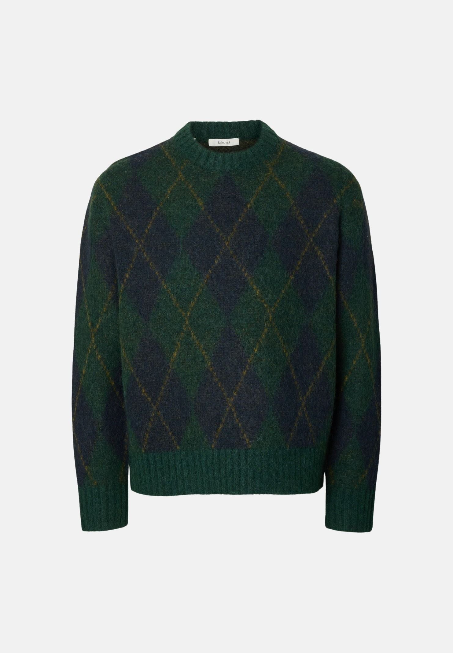 SELECTED HOMME Maglione girocollo RAI ARGYLE Pine Grove/Navy verde bosco scuro da uomo, in maglia garzata misto lana e alpaca, con fantasia jacquard a rombi, maniche lunghe e rifiniture a costine. 16101908 PI SELECTED HOMME 