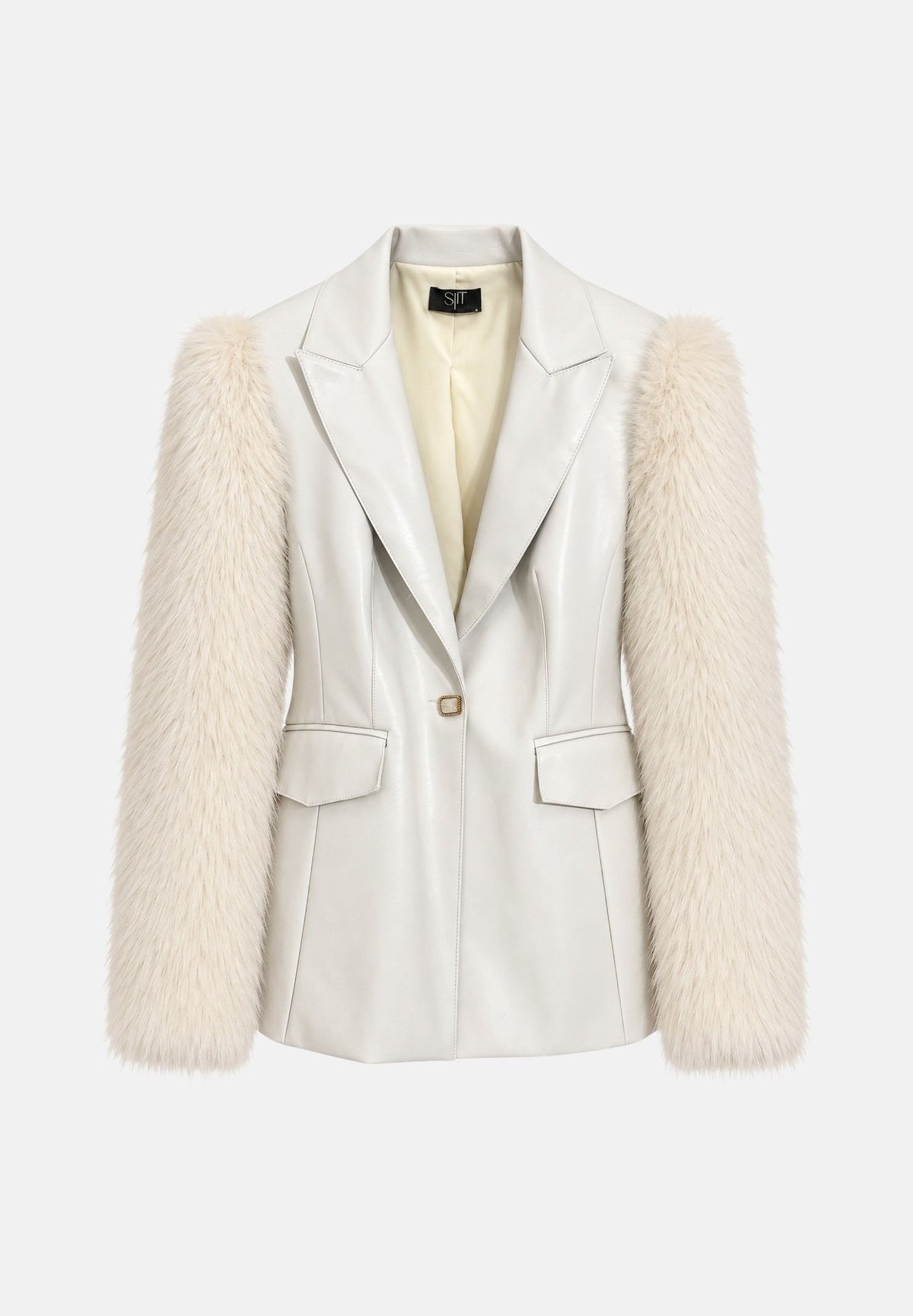 SHIT Giacca monopetto Ice bianco ghiaccio da donna, con maniche lunghe in pelliccia ecologica effetto montone, revers a lancia, chiusura frontale con bottone, spalle strutturate e tasche con patta. SH2627076 IC SHIT 