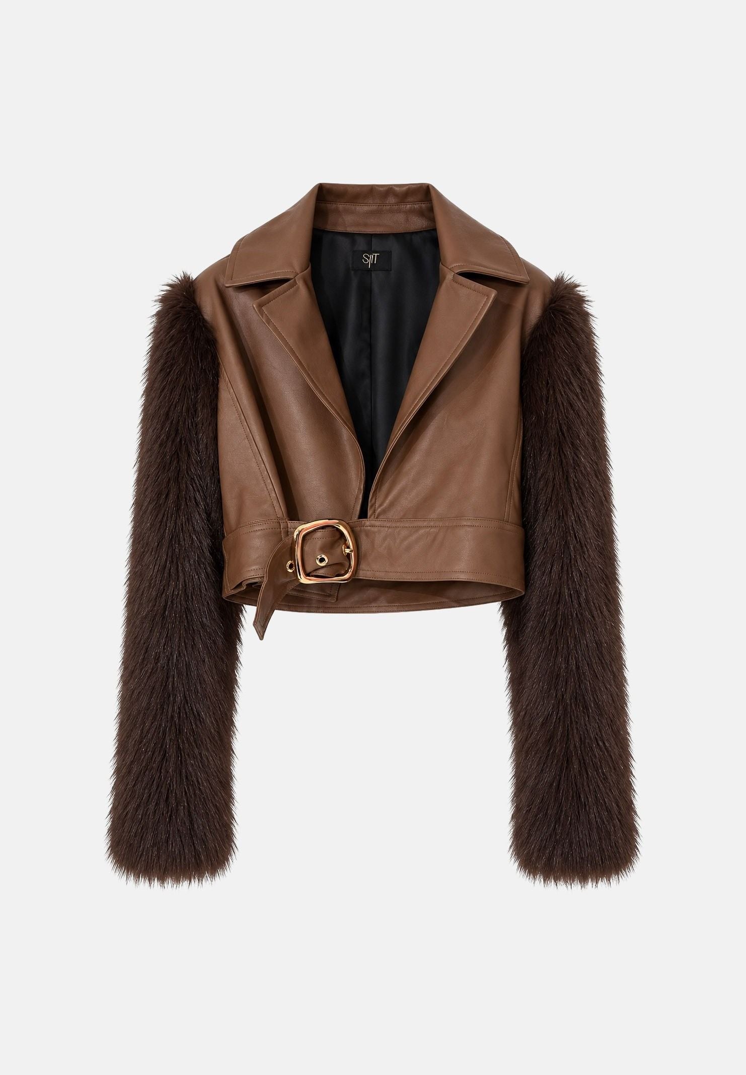 SHIT Giubbotto corto in similpelle Cocoa marrone da donna con maniche lunghe effetto pelliccia, ampi revers classici, chiusura incrociata, cintura coordinata in vita con fibbia metallica dorata e linea sagomata. SH2627081 CO SHIT 
