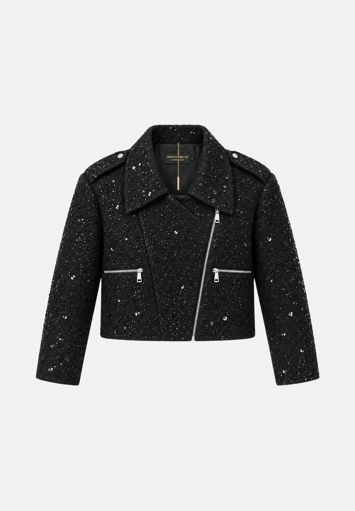 SIMONA CORSELLINI Giubbotto nero per donna con taglio corto, revers ampi e luminosa cascata di micro strass all-over. A26CEGBY5001 V0003 SIMONA CORSELLINI 