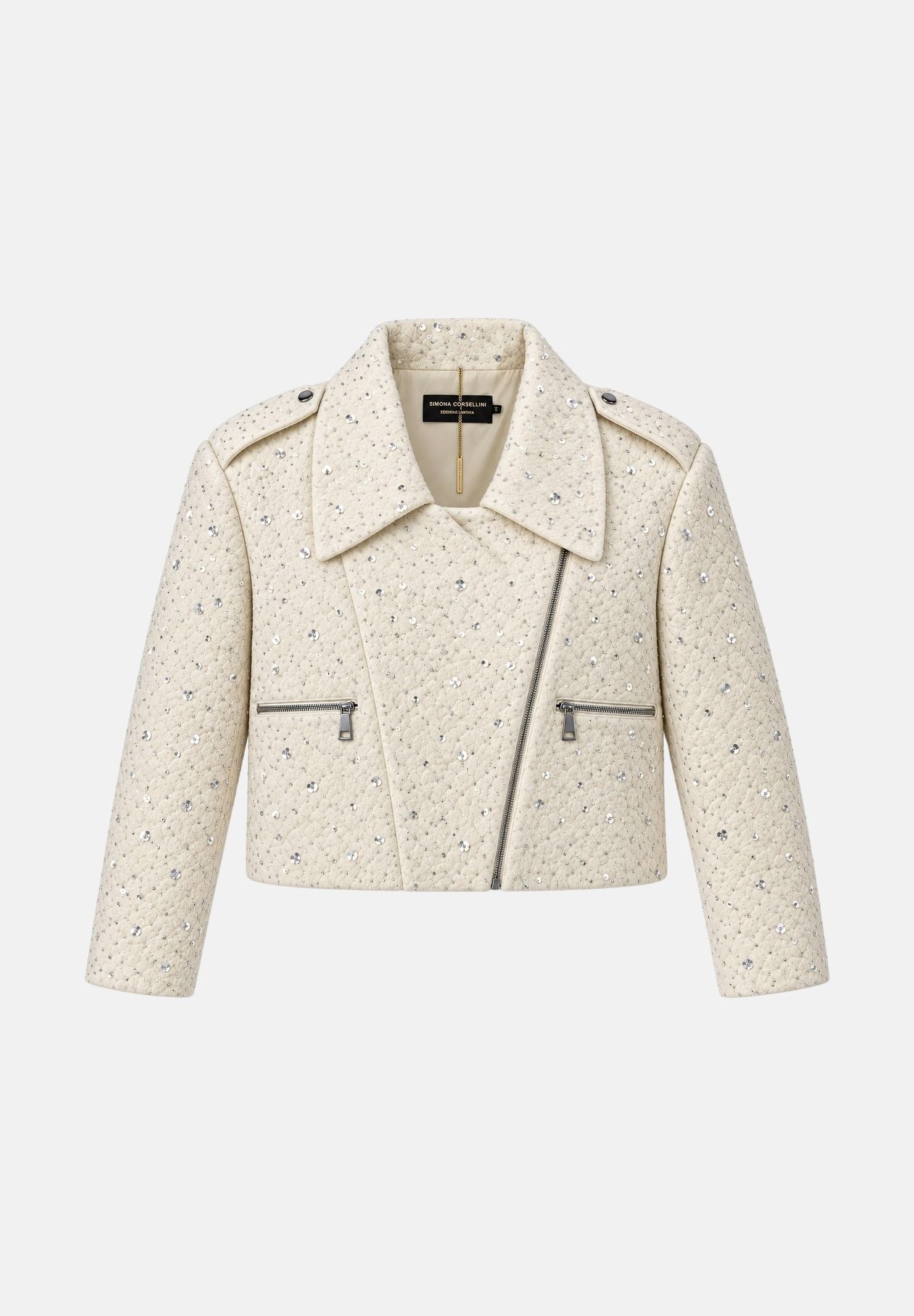 SIMONA CORSELLINI Giubbotto doppiopetto infinity beige da donna con micro applicazioni luminose e tasche frontali con zip. A26CEGBY5001 V0300 SIMONA CORSELLINI 